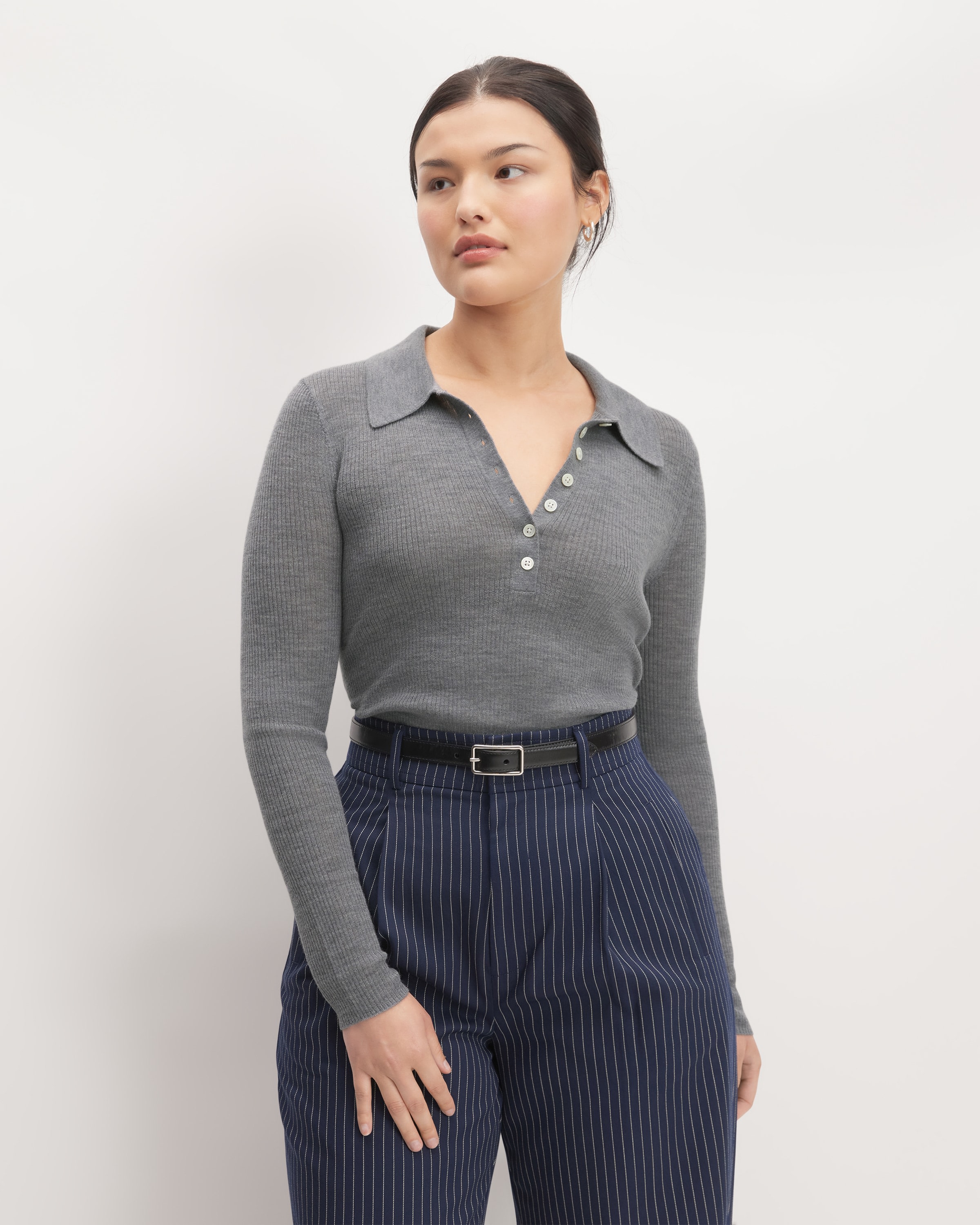 The Ultrafine Merino Ribbed Polo Heather Mid Grey Everlane