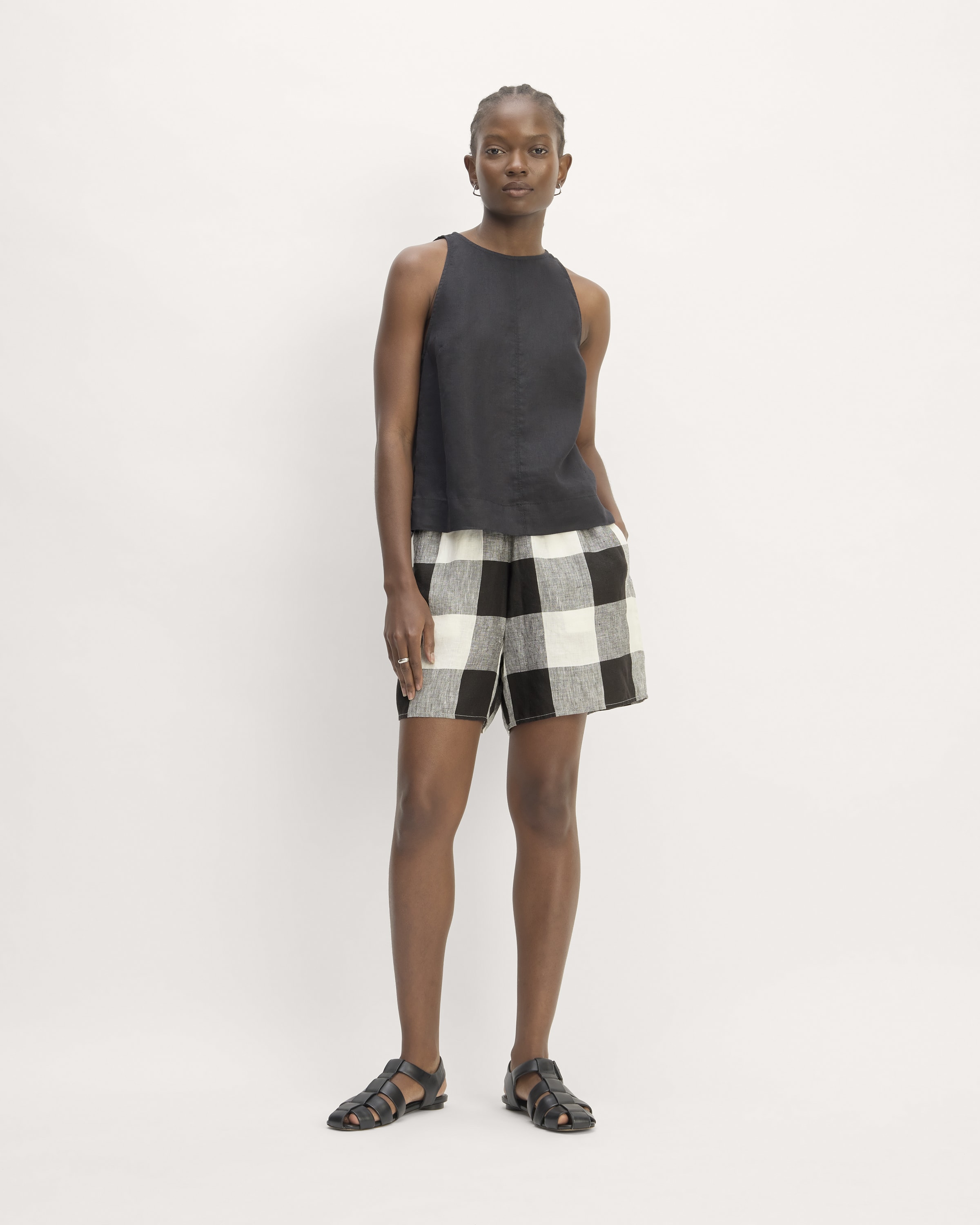 The Linen Easy Short Bone Black Check Everlane