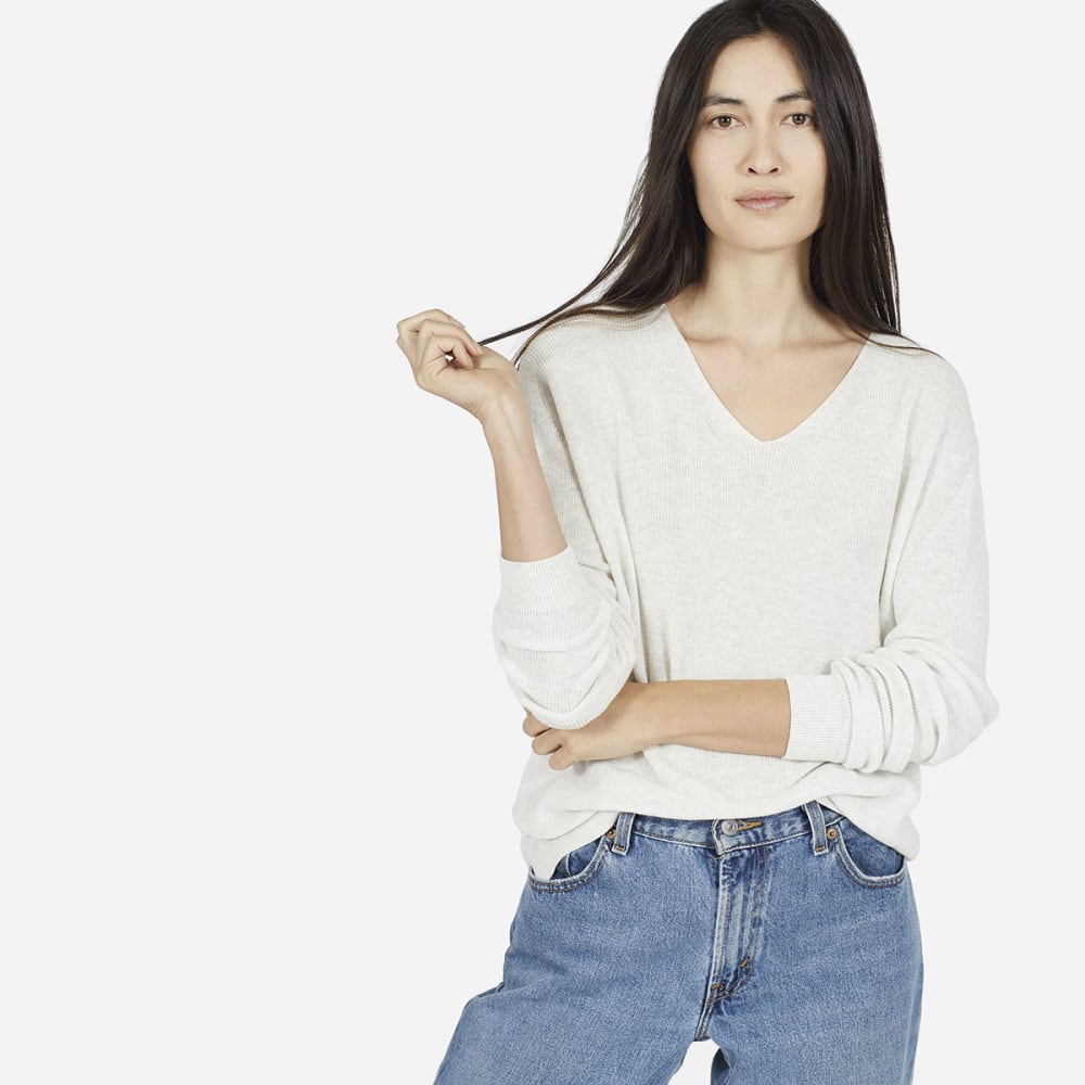 white cotton v neck sweater