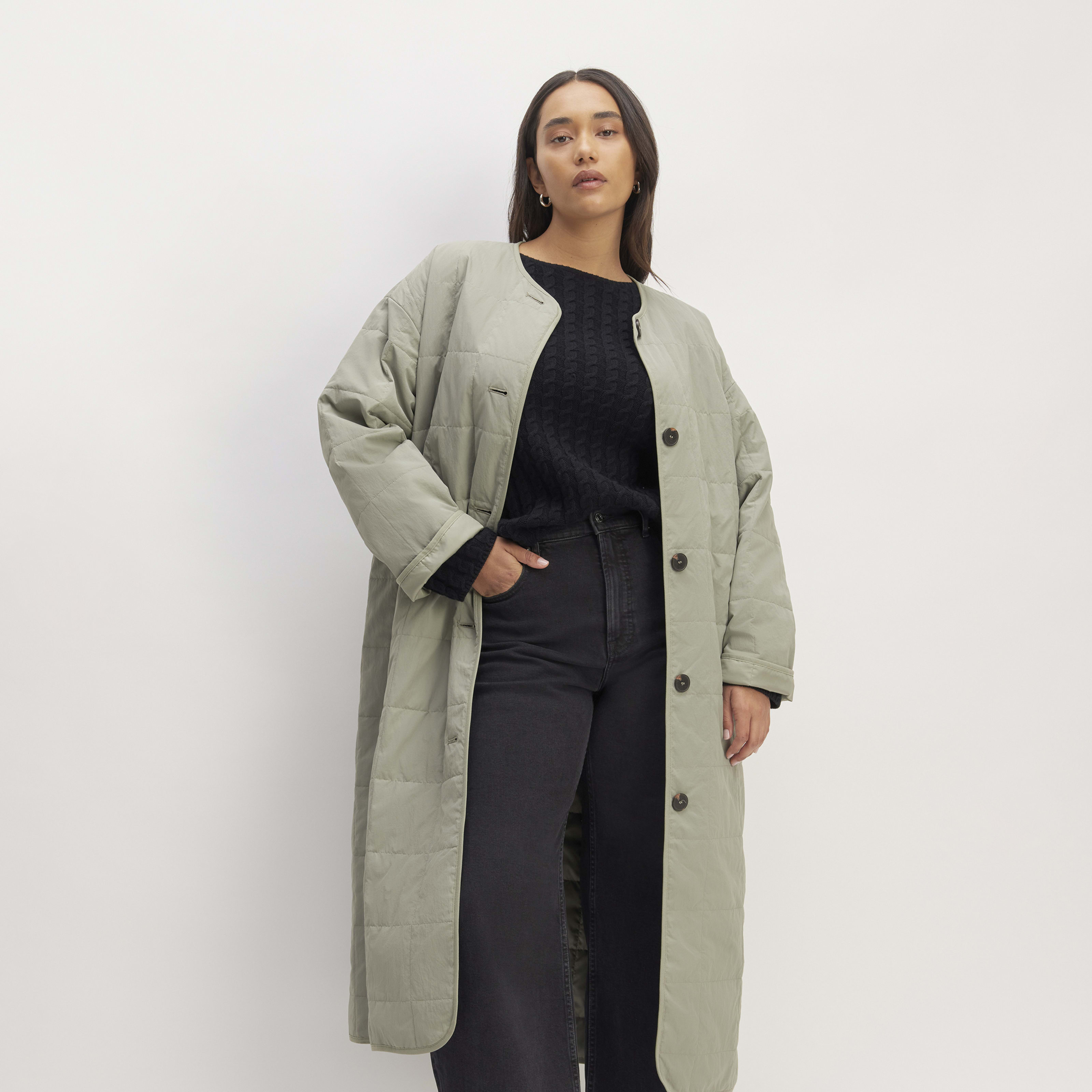 women's renew quilted long liner by everlane in sage green, size xxs