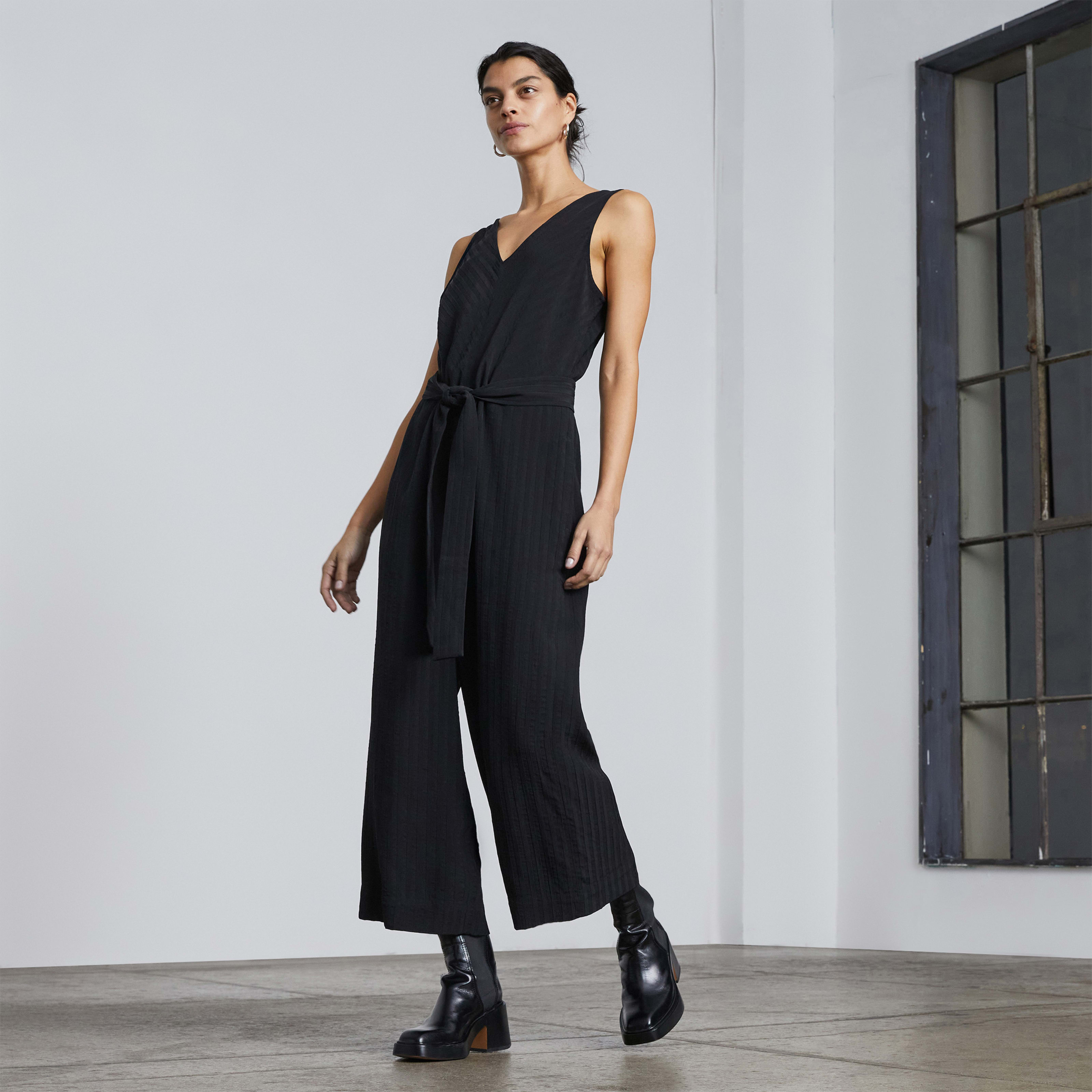women's city stripe draped jumpsuit by everlane in black, size 00