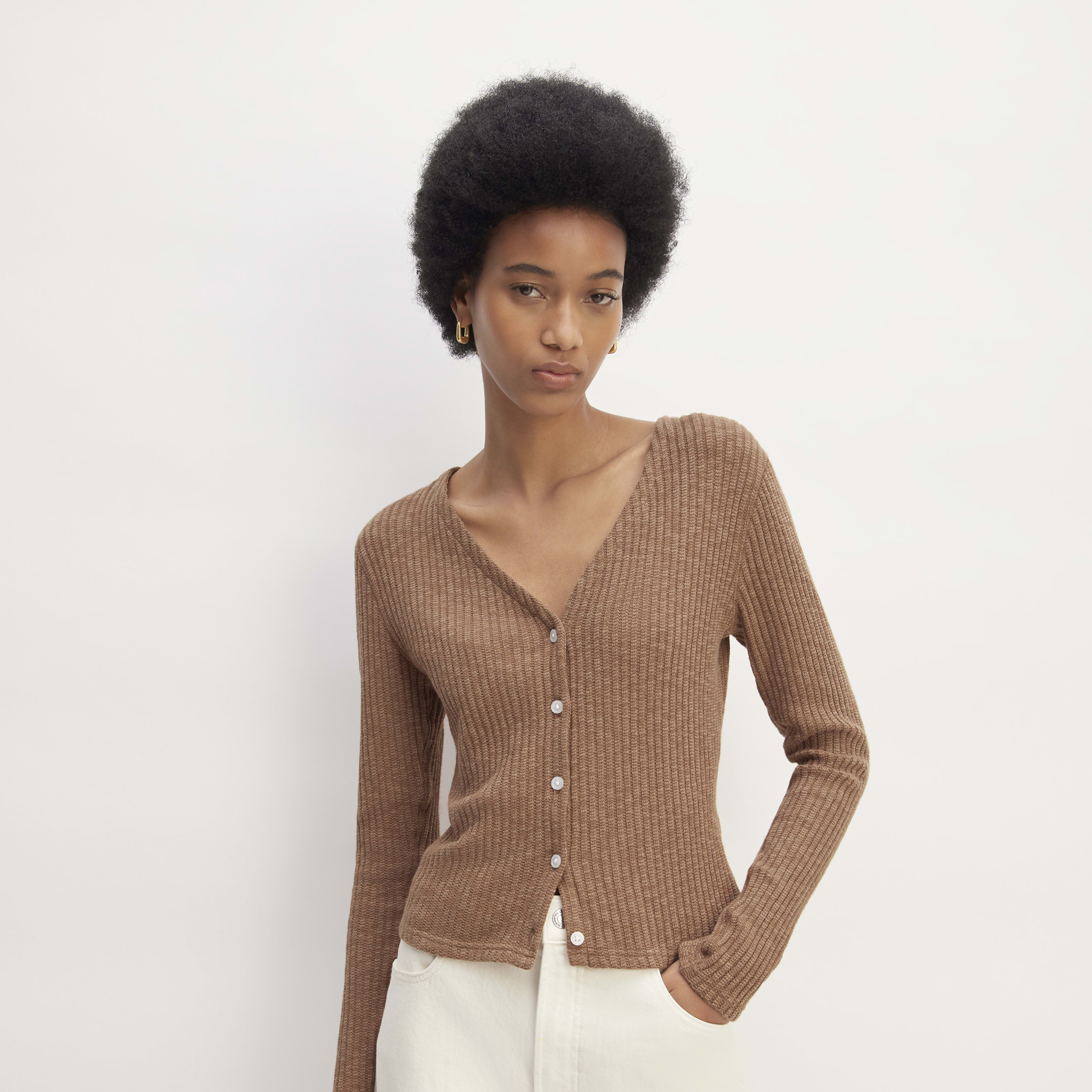 women's rib-knit organic cotton v-neck cardigan by everlane in brown brown, size xxs