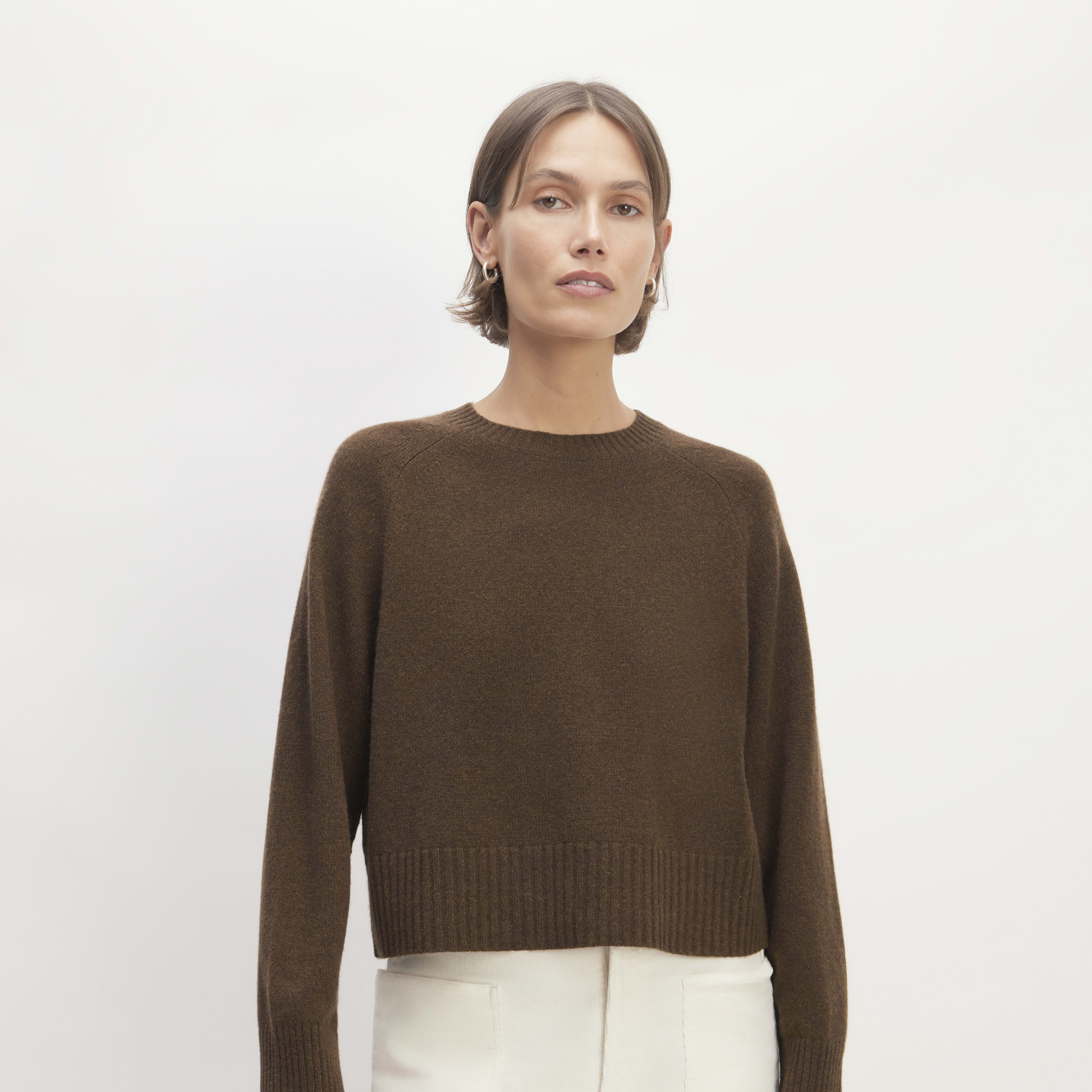 women's cashmere boxy crew sweater by everlane in heather brown, size xxs
