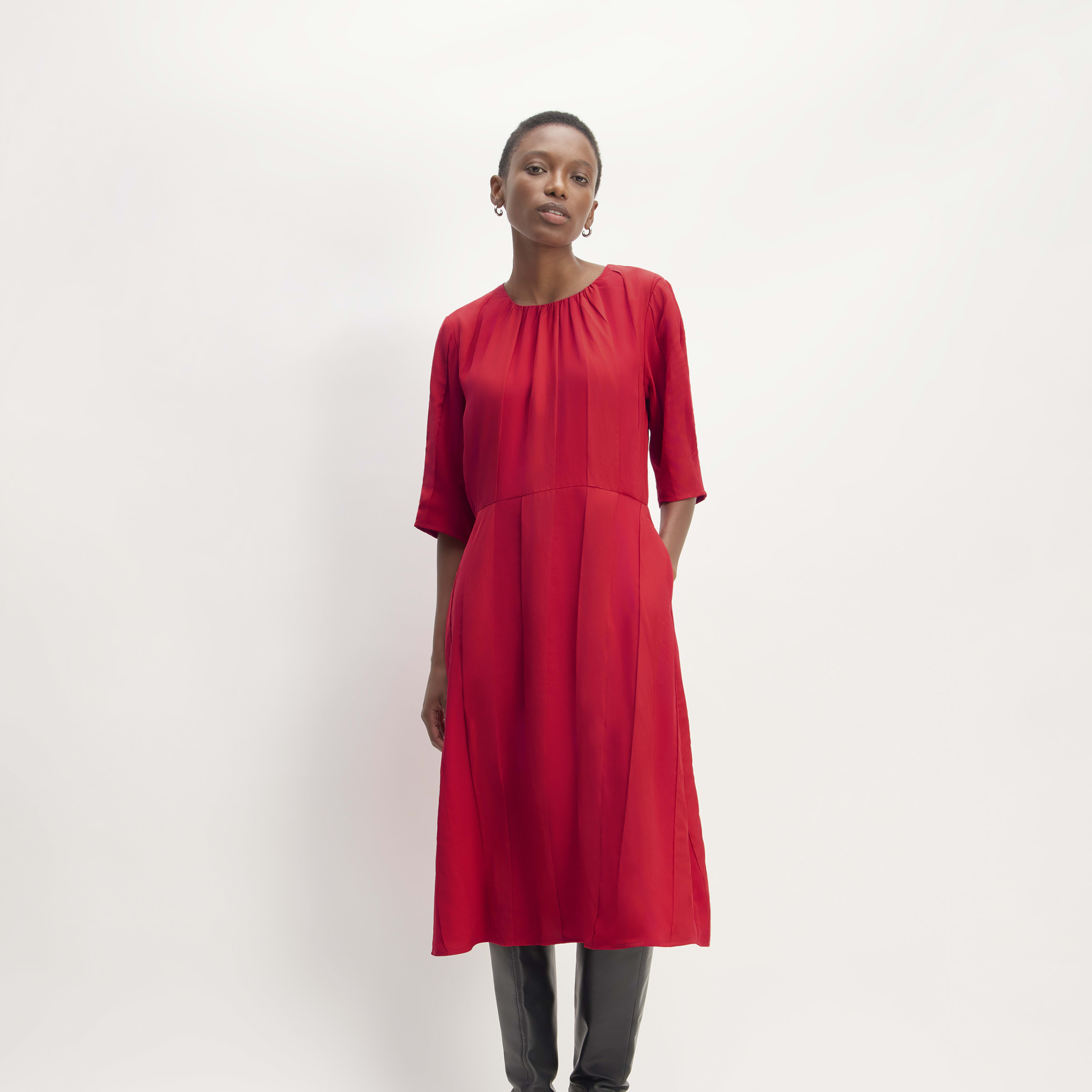 women's city stripe ruched dress by everlane in haute red, size 00