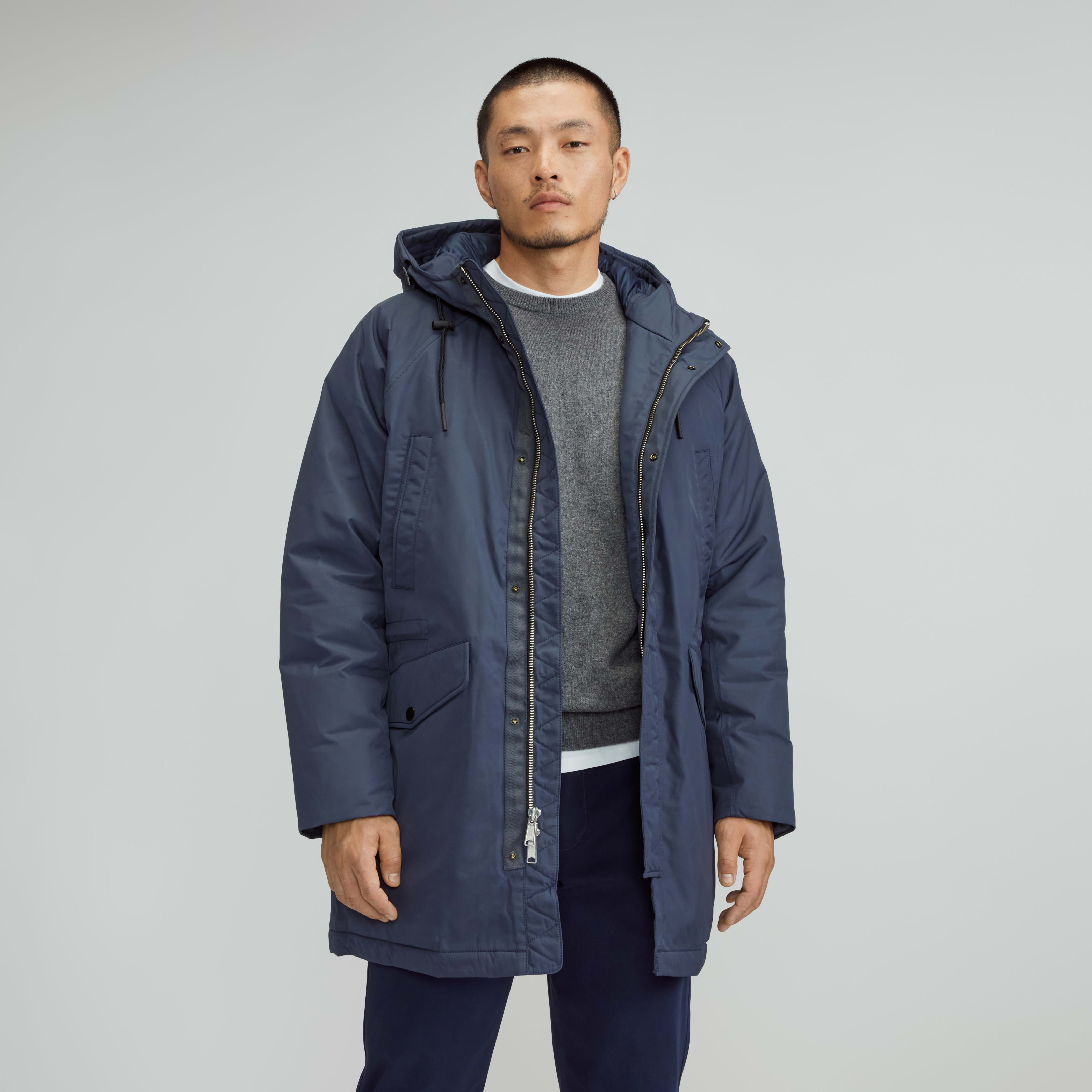 men's renew long parka by everlane in india ink, size xs