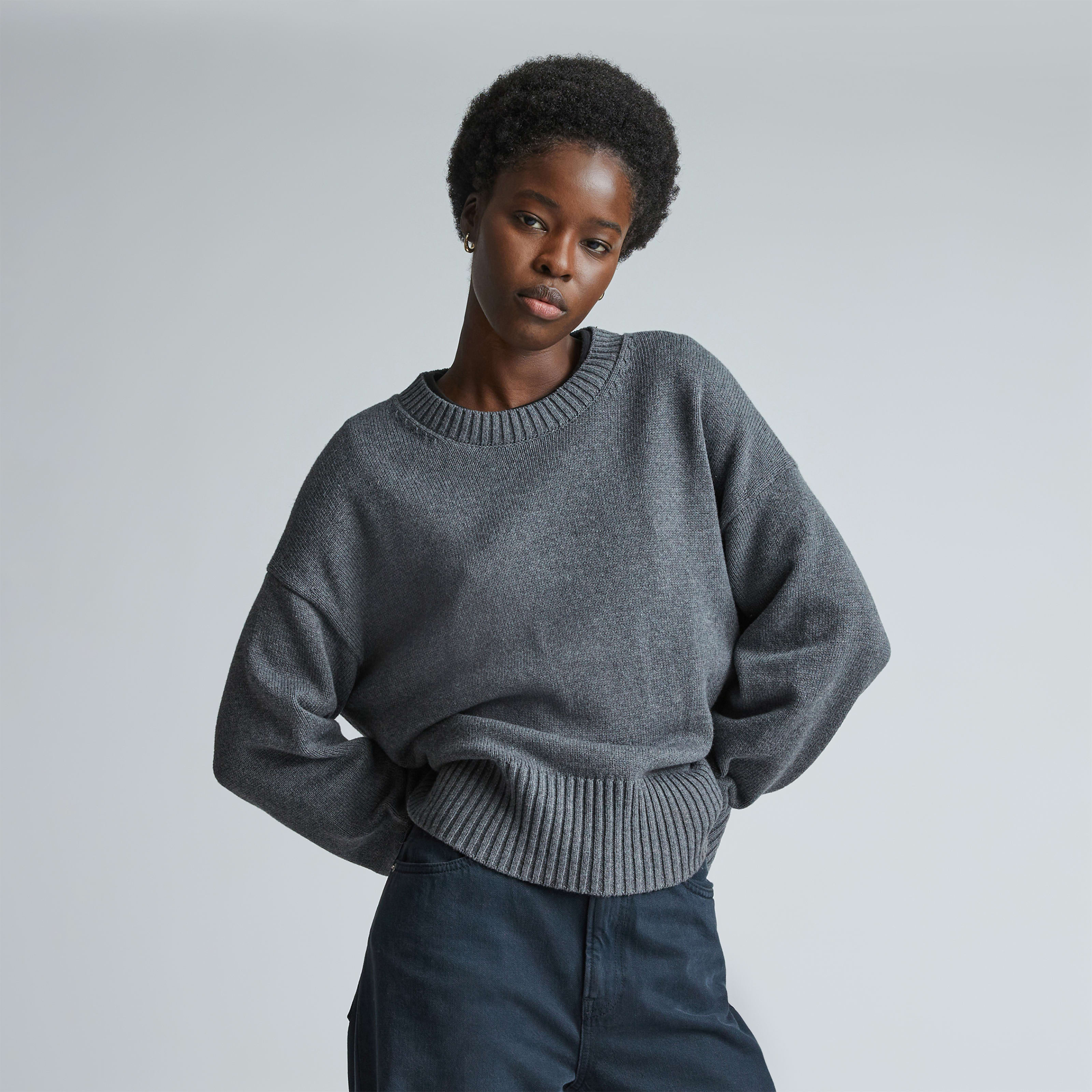 women's organic cotton crew sweater by everlane in heathered charcoal, size xxs