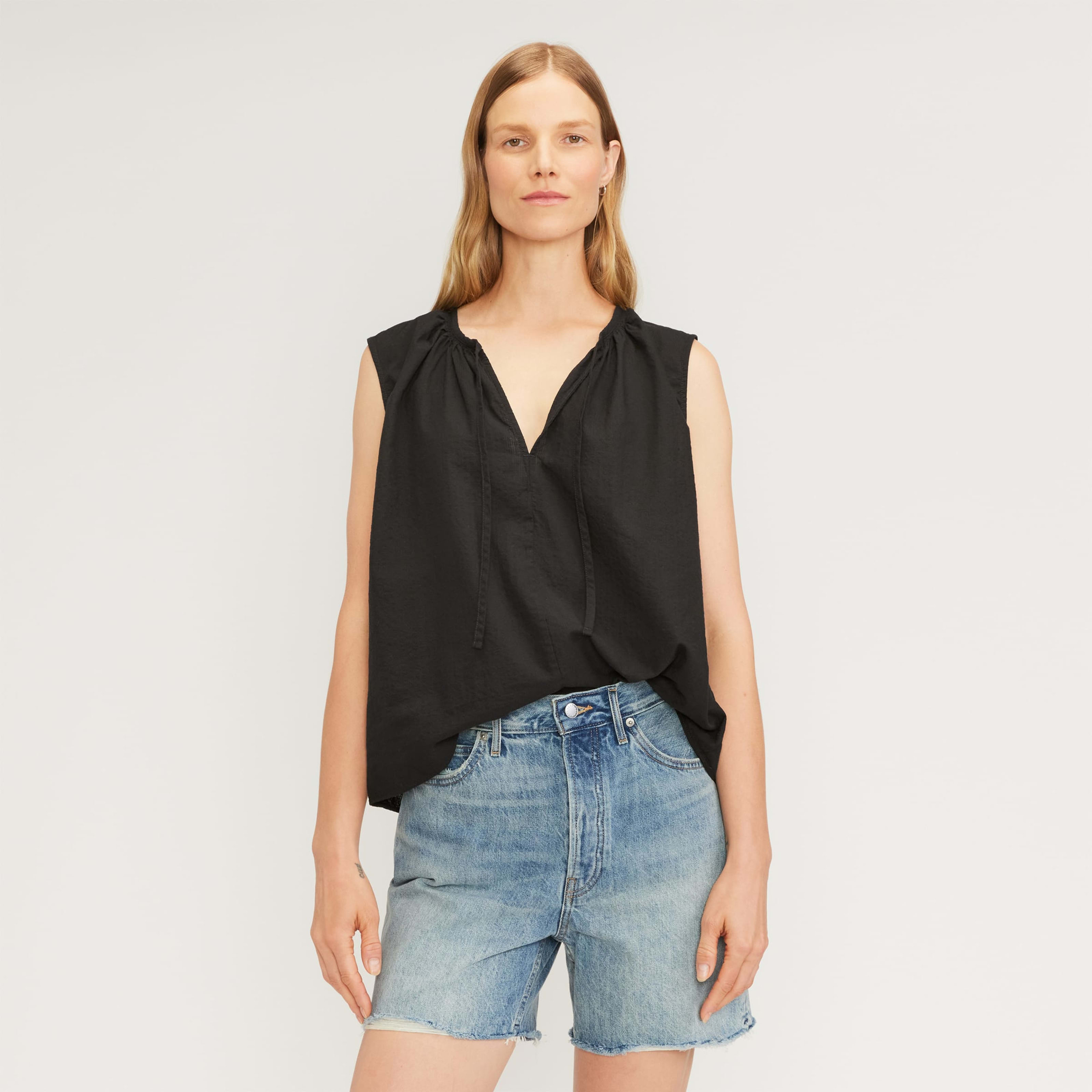 gathered tie-front top by everlane in black, size xxs