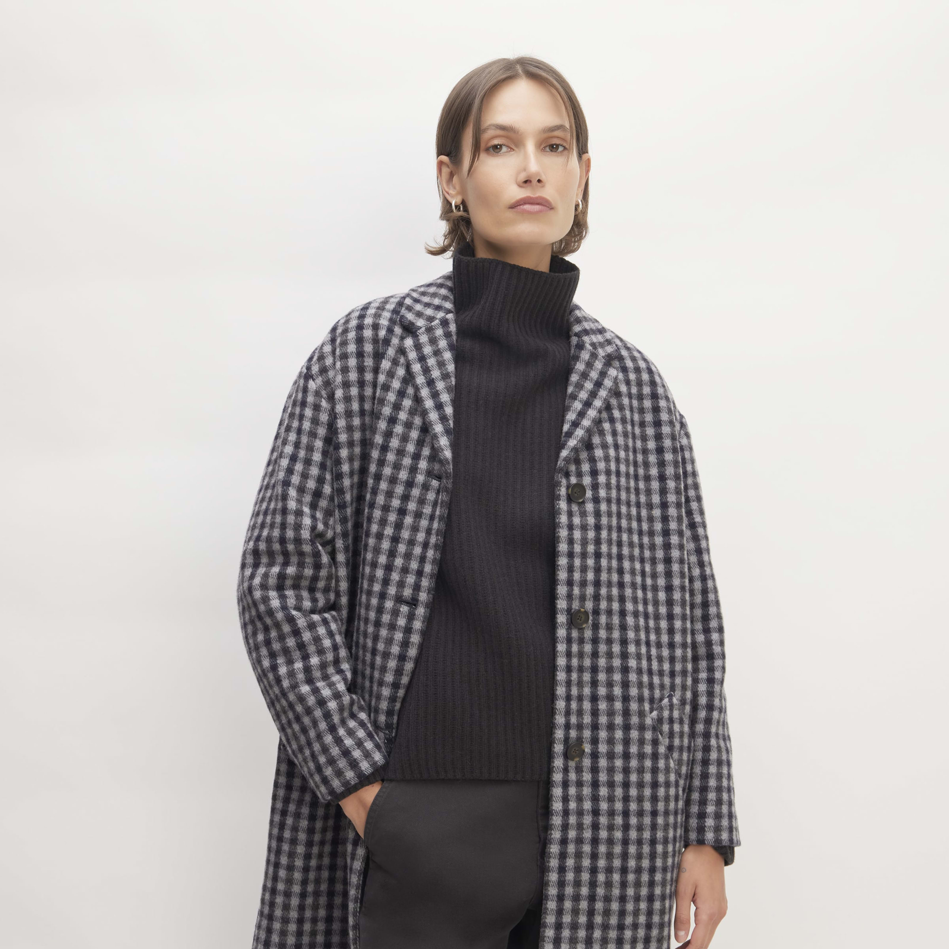 women's italian rewoolâ® cocoon coat by everlane in grey/charcoal/navy check, size xxs