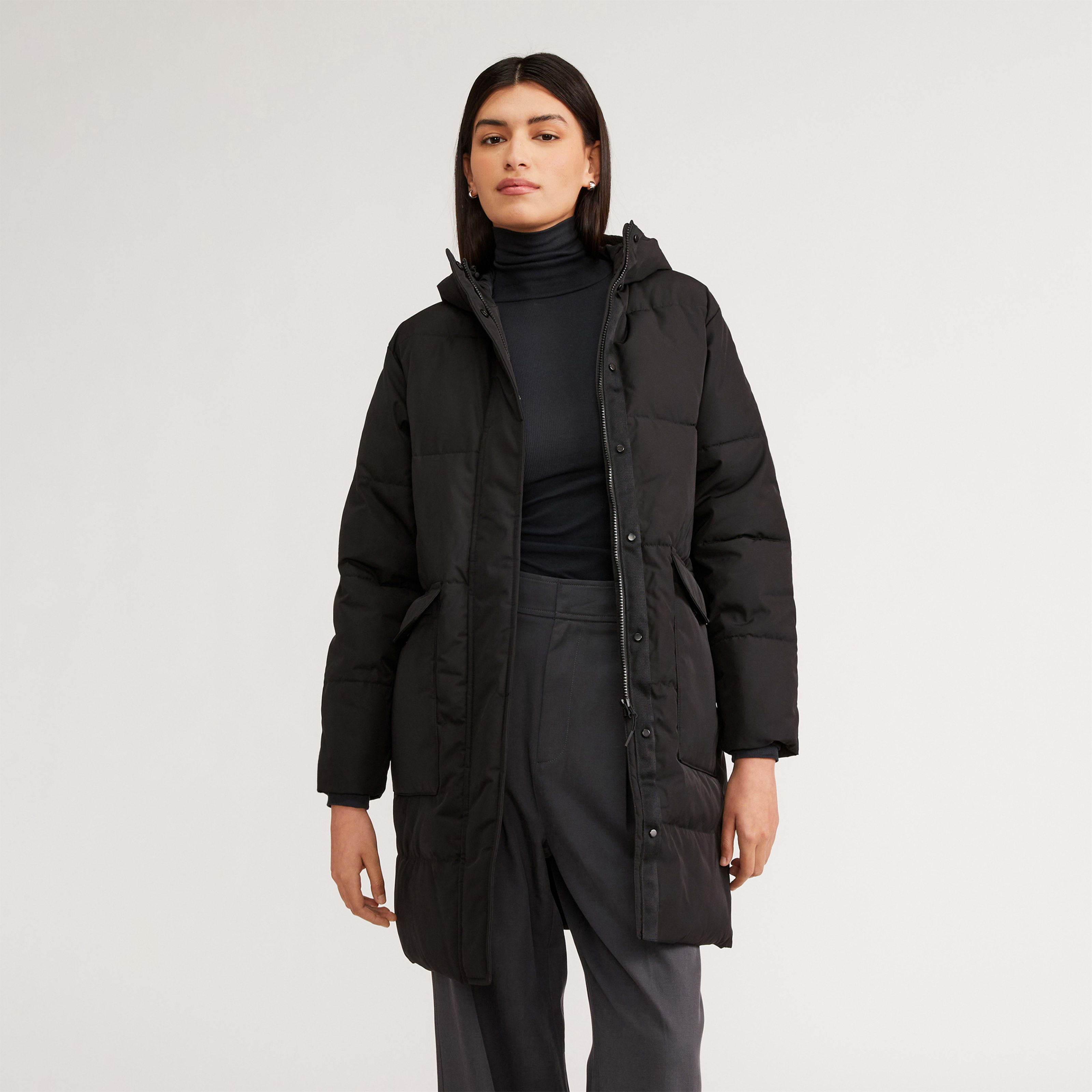 women's renew long puffer coat by everlane in black, size xxs