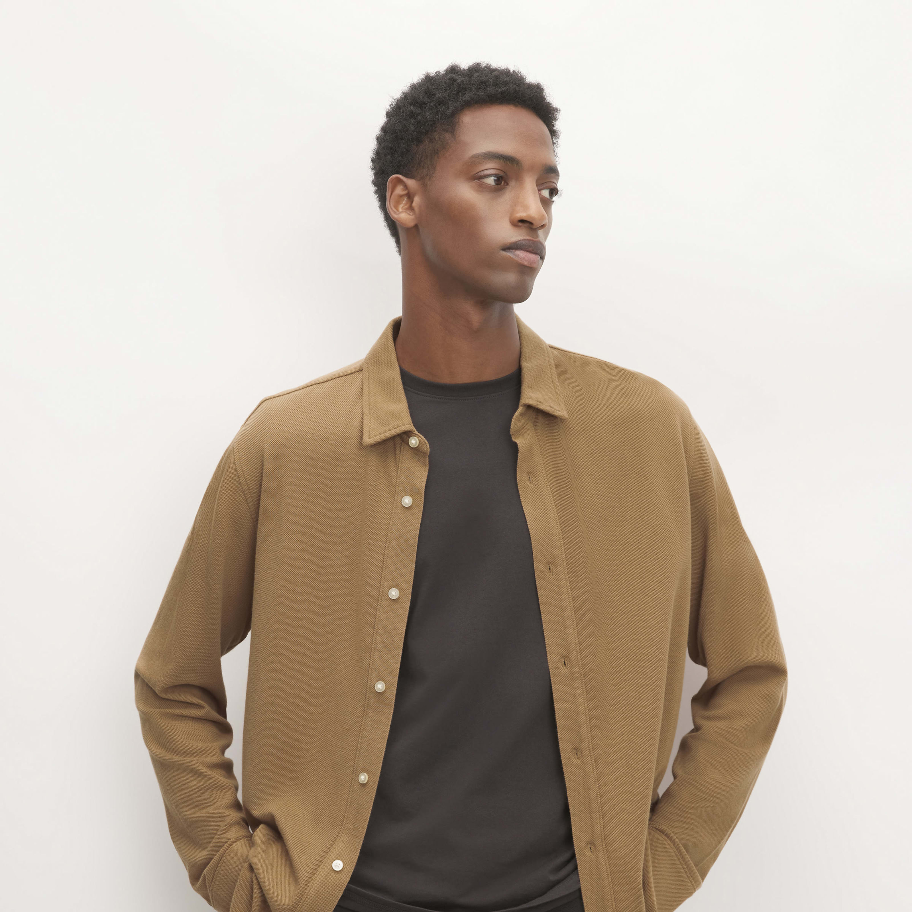 men's long-sleeve pique shirt by everlane in light brown, size xs