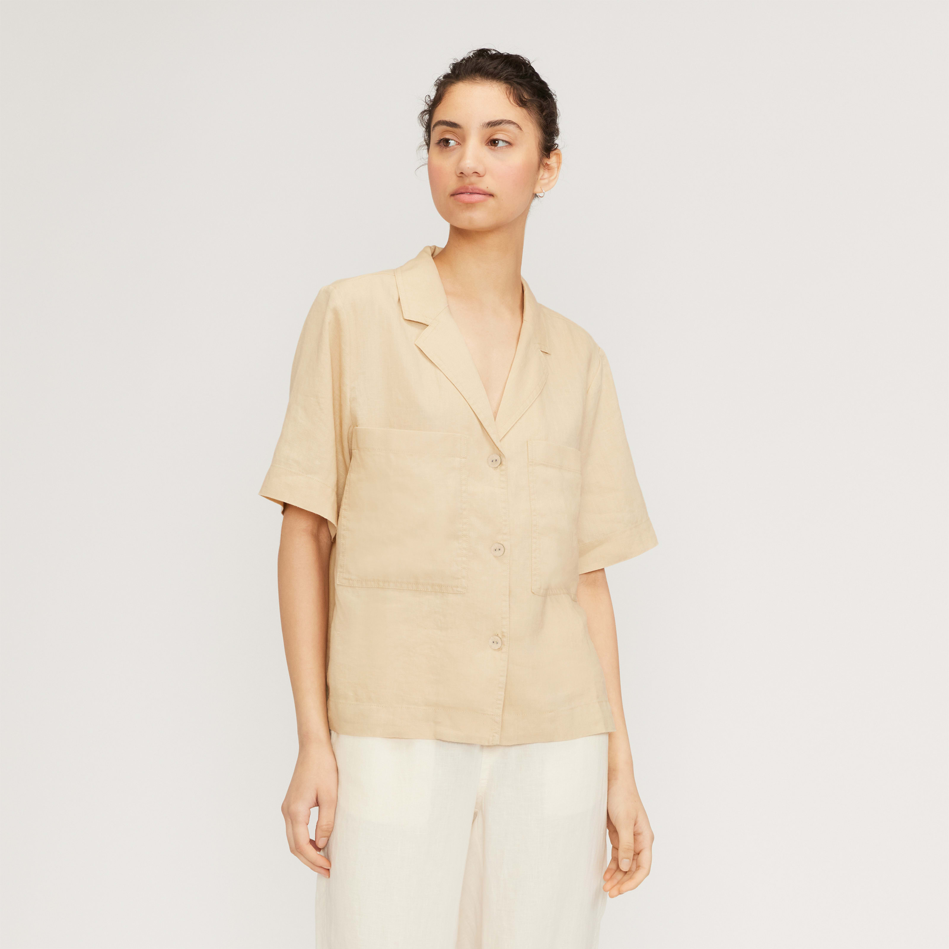 women's linen workwear shirt by everlane in warm khaki, size m