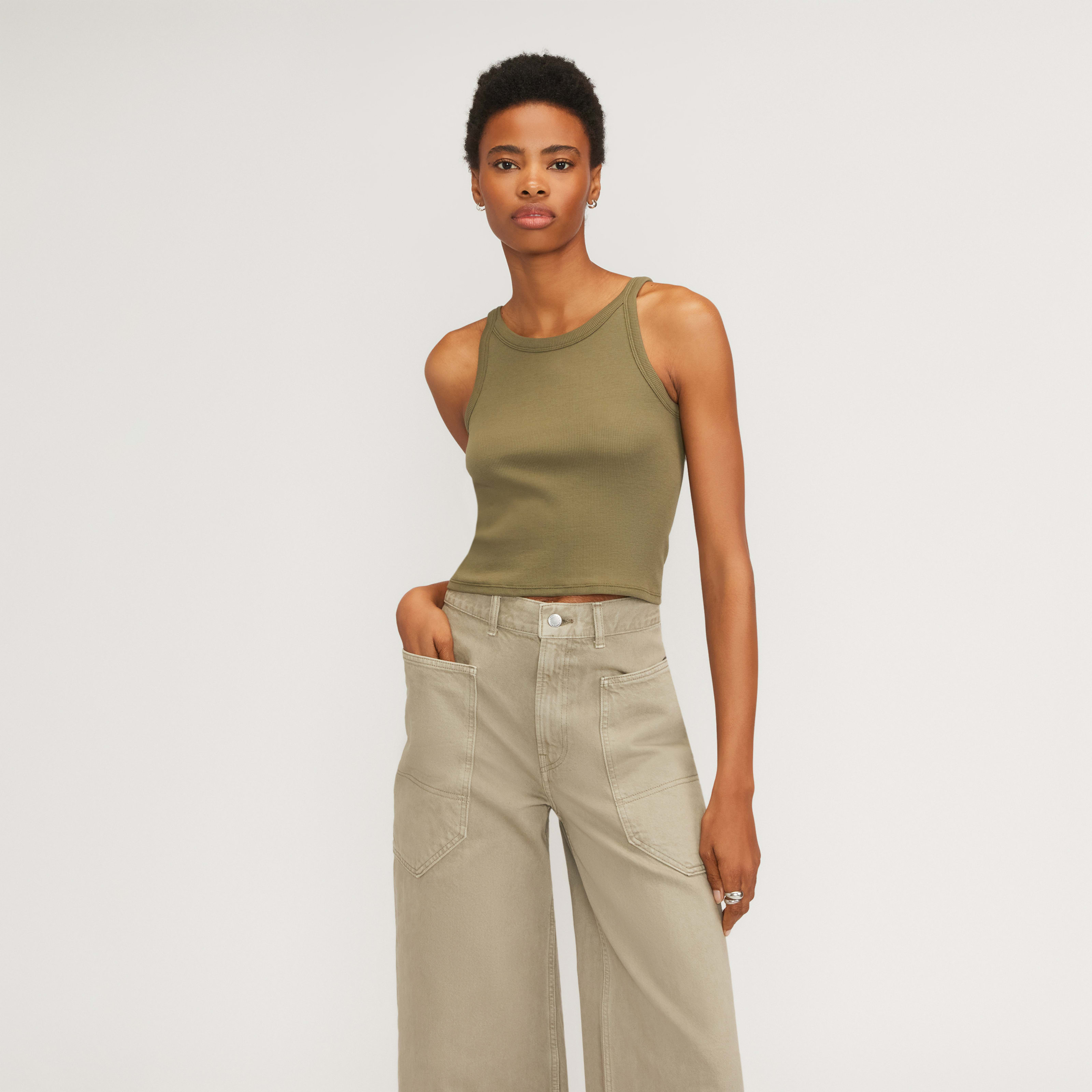 women's supimaâ® micro-rib cropped tank sweater by everlane in olive, size xxs