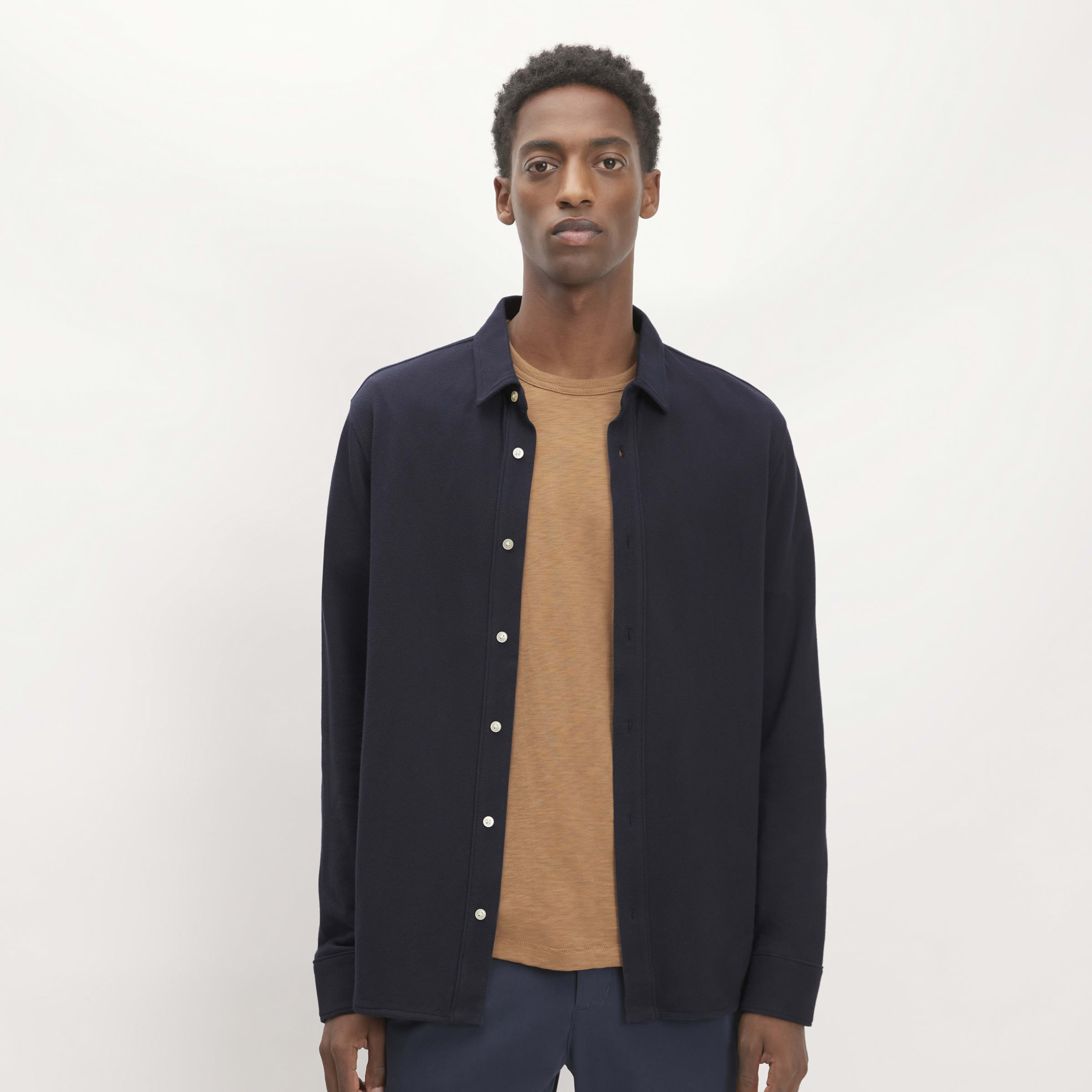 men's long-sleeve pique shirt by everlane in deep navy, size xs