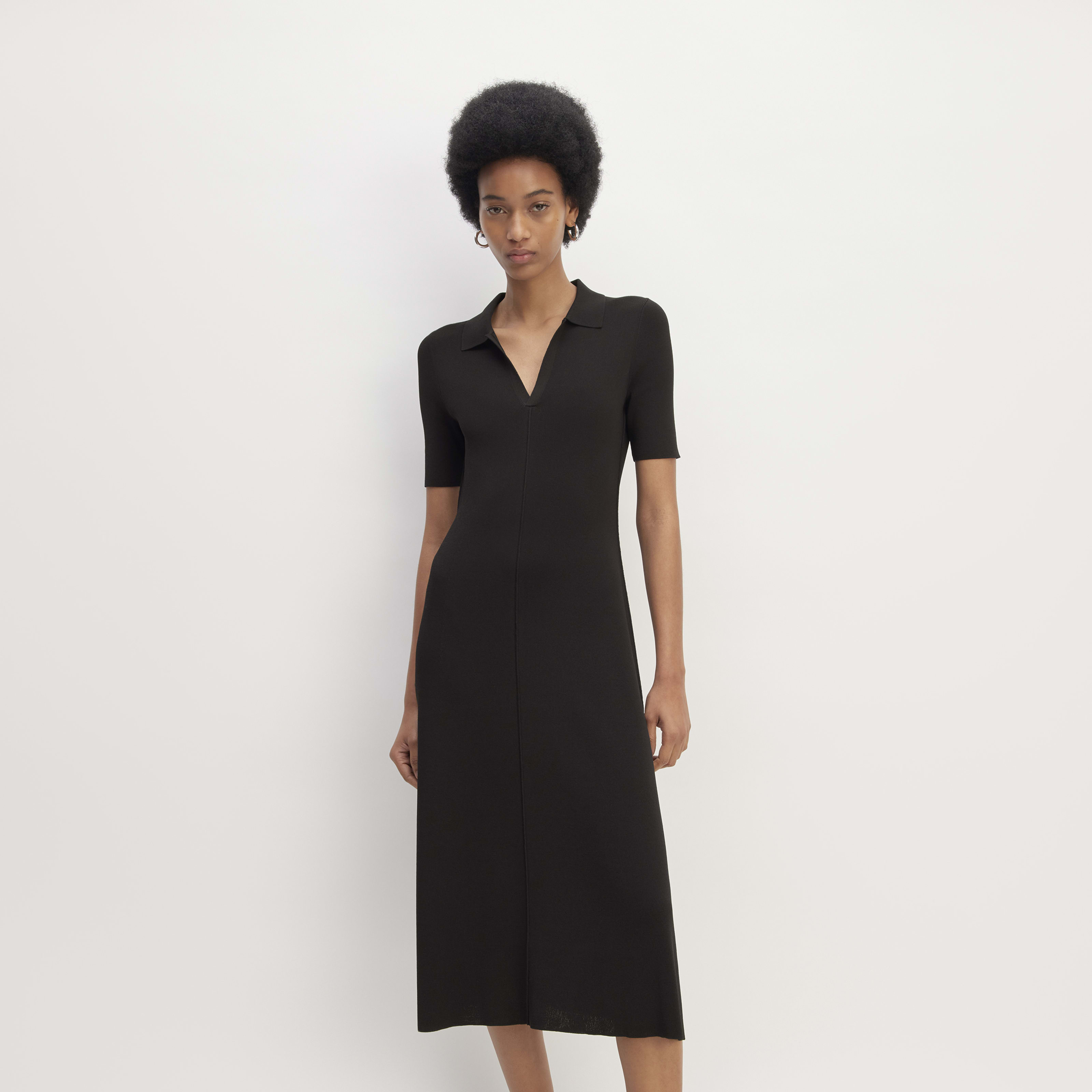 women's viscose knit polo midi dress by everlane in black, size xxs