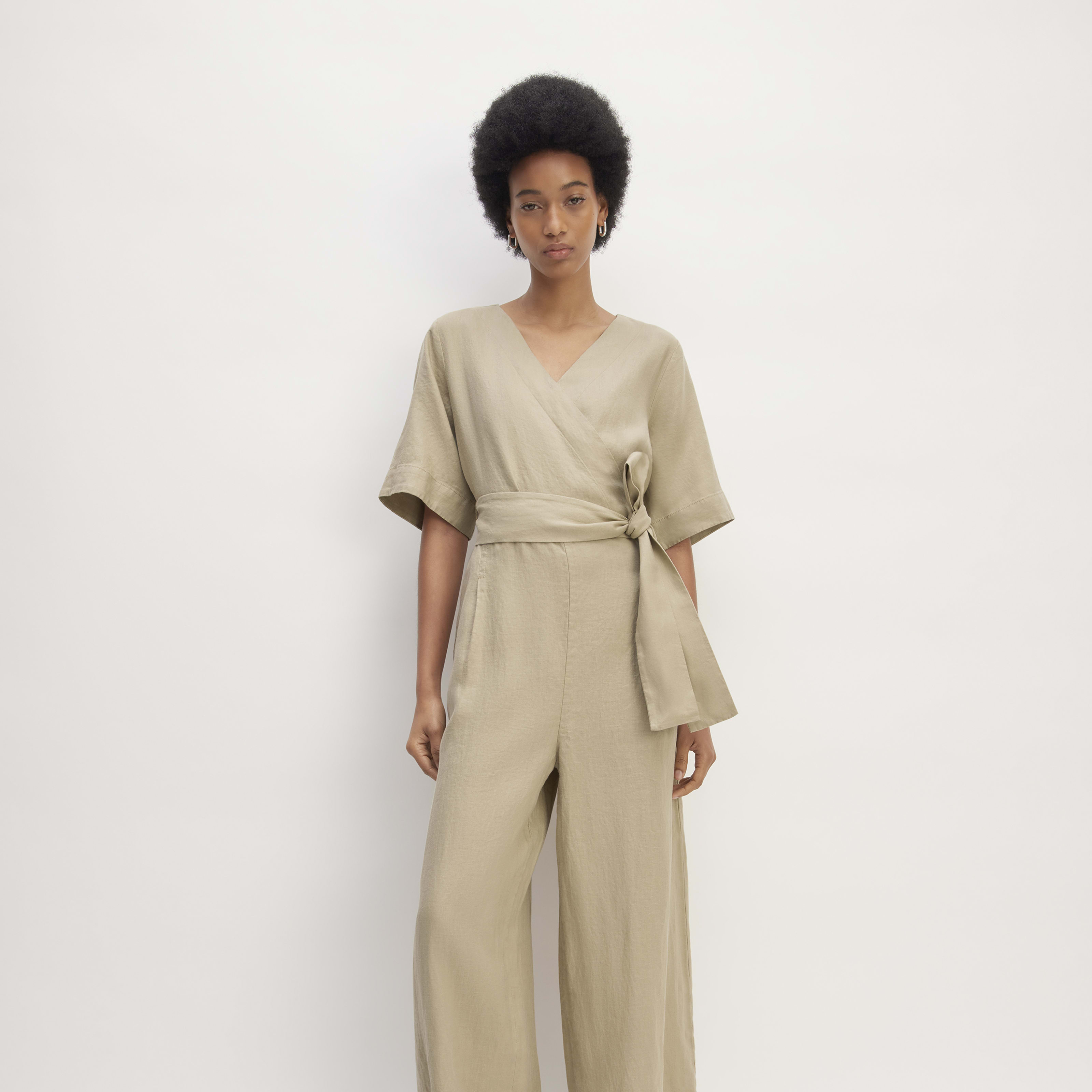 women's linen cross-front jumpsuit by everlane in khaki, size 00