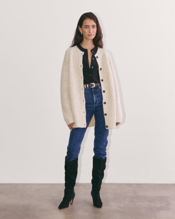 [Image] The Fisherman Cardigan in Cloud on Model |Heathered Oat