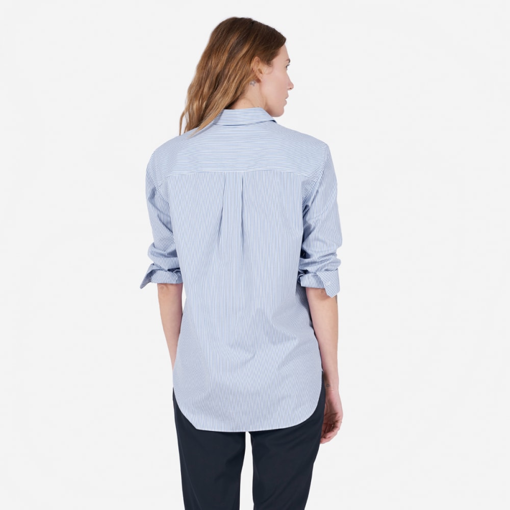 Short-Sleeved Pullover Shirt Blue Striped Cotton Poplin