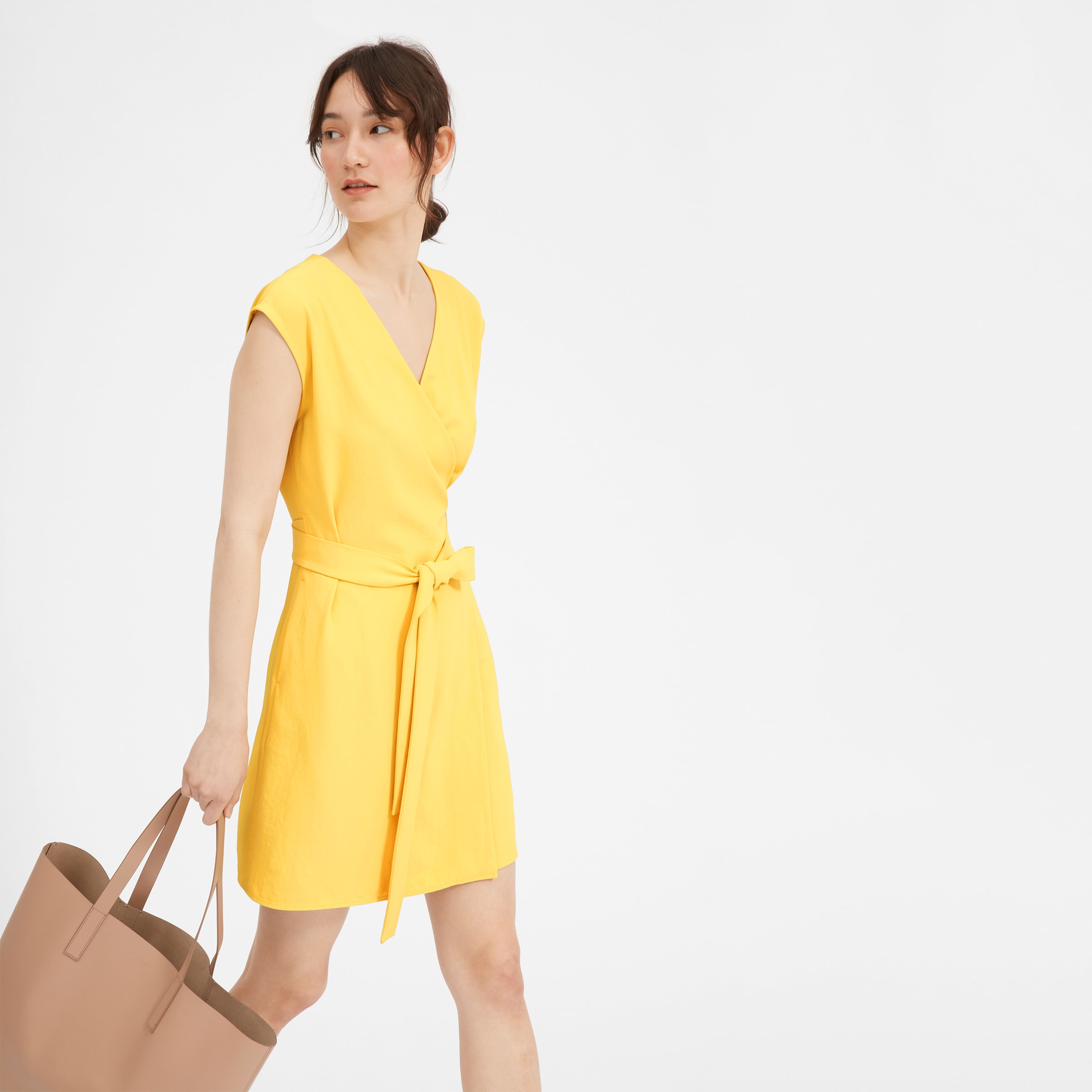 The Japanese GoWeave Short Sleeve Mini Wrap Dress Yellow Everlane