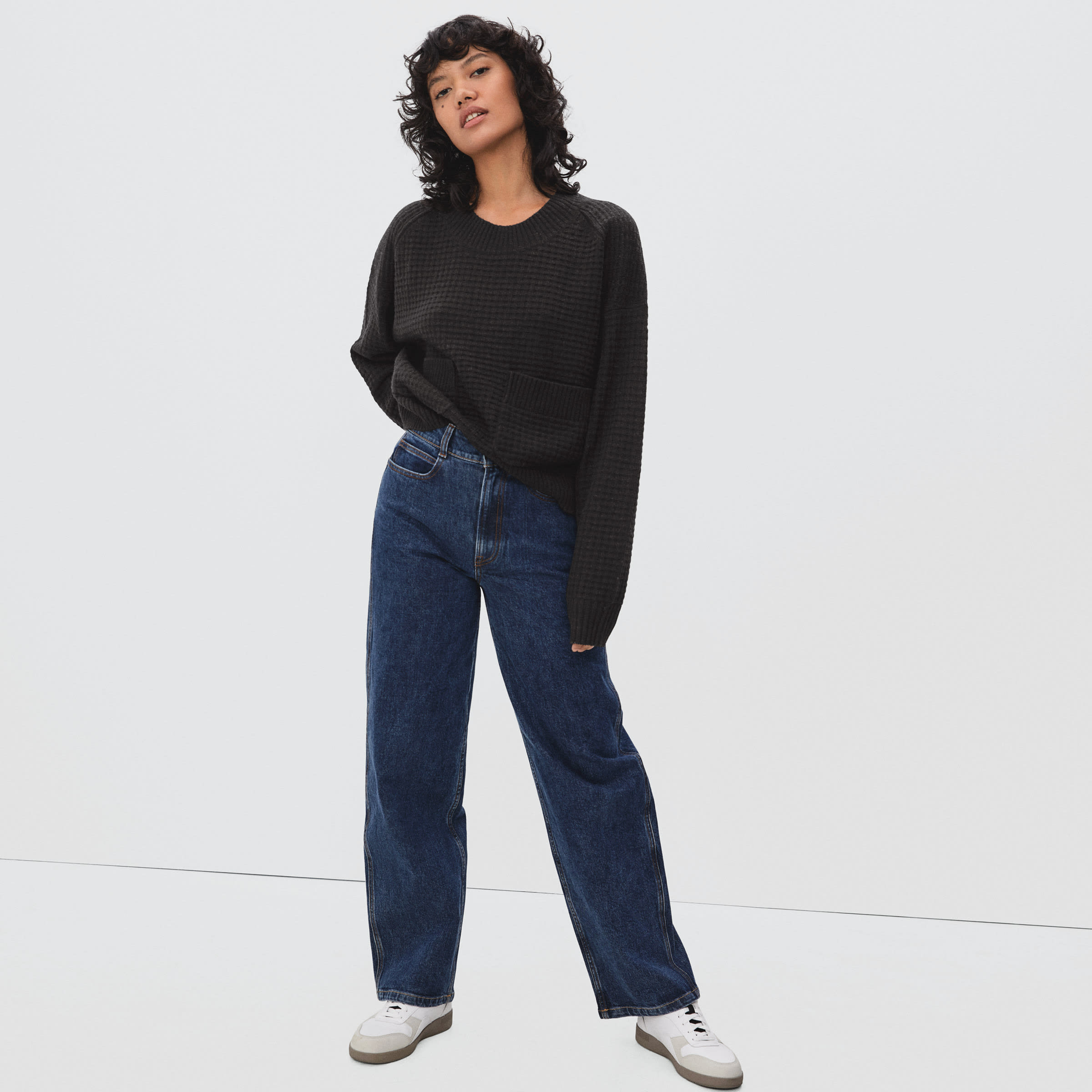 The Belgian Waffle Pocket Pullover in ReCashmere Black Everlane