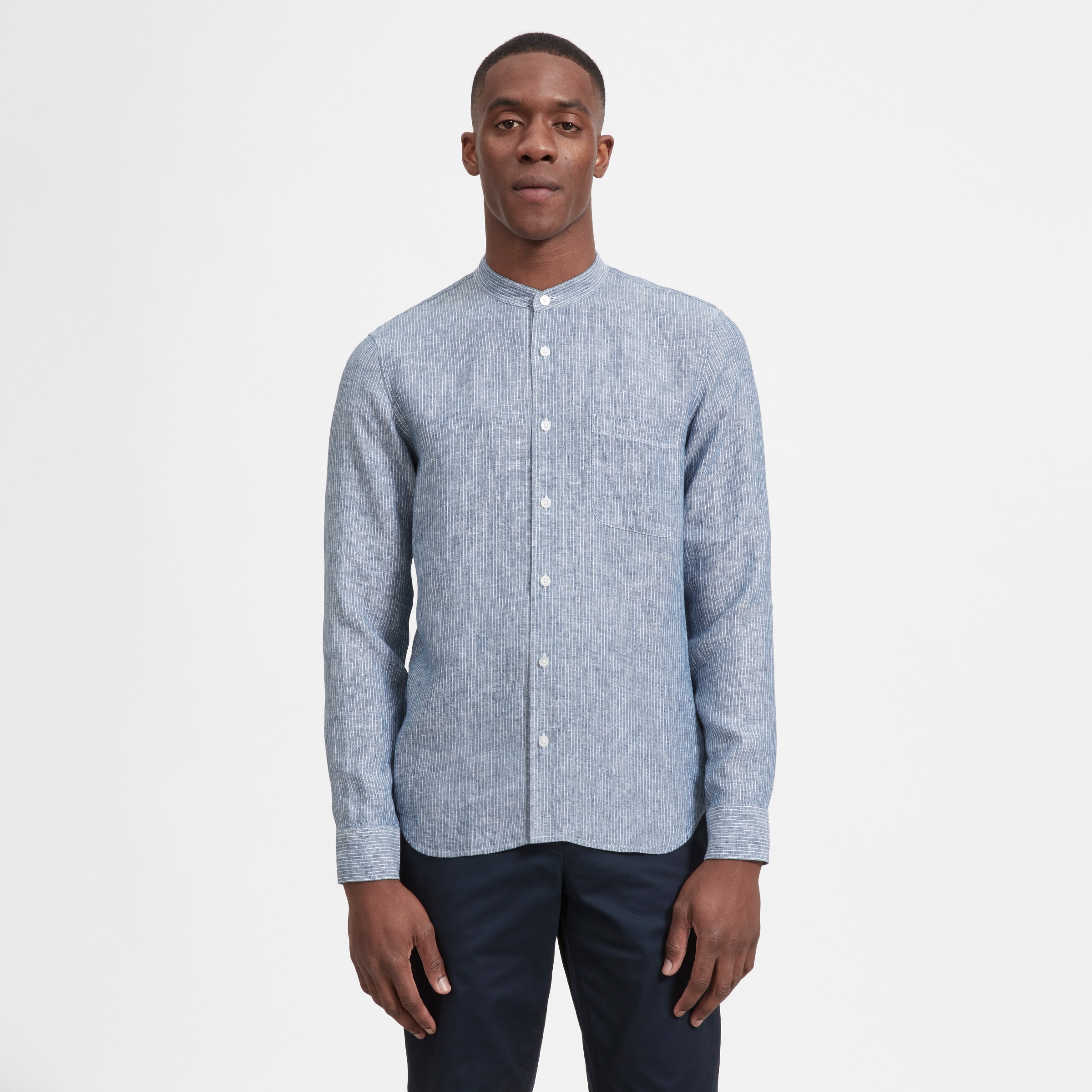 Nwt Caribbean Blue Linen & Rayon Tonal Stripe Long Sleeve Mandarin Collar Shirt 