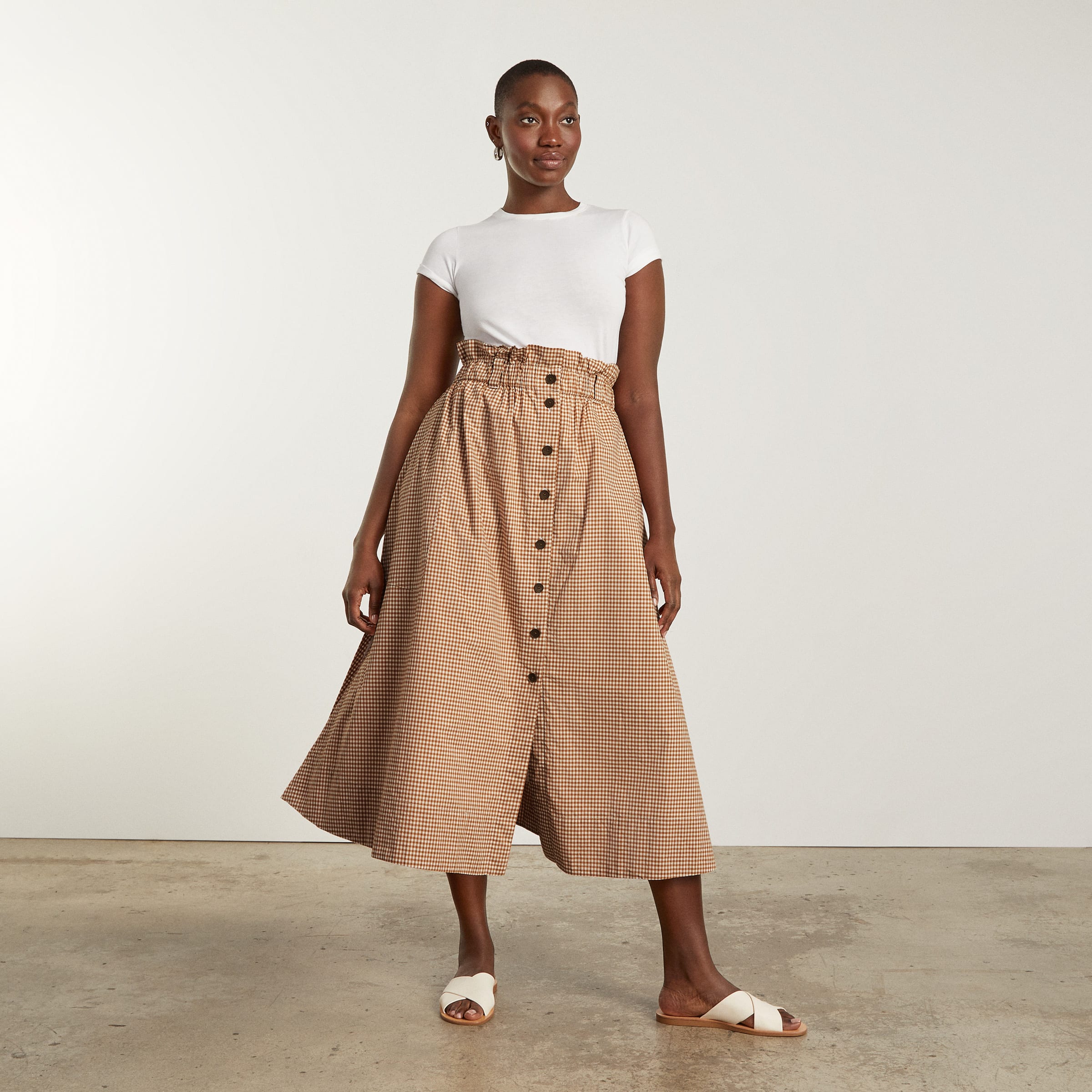 Patio button-front midi top skirt in clay stripe