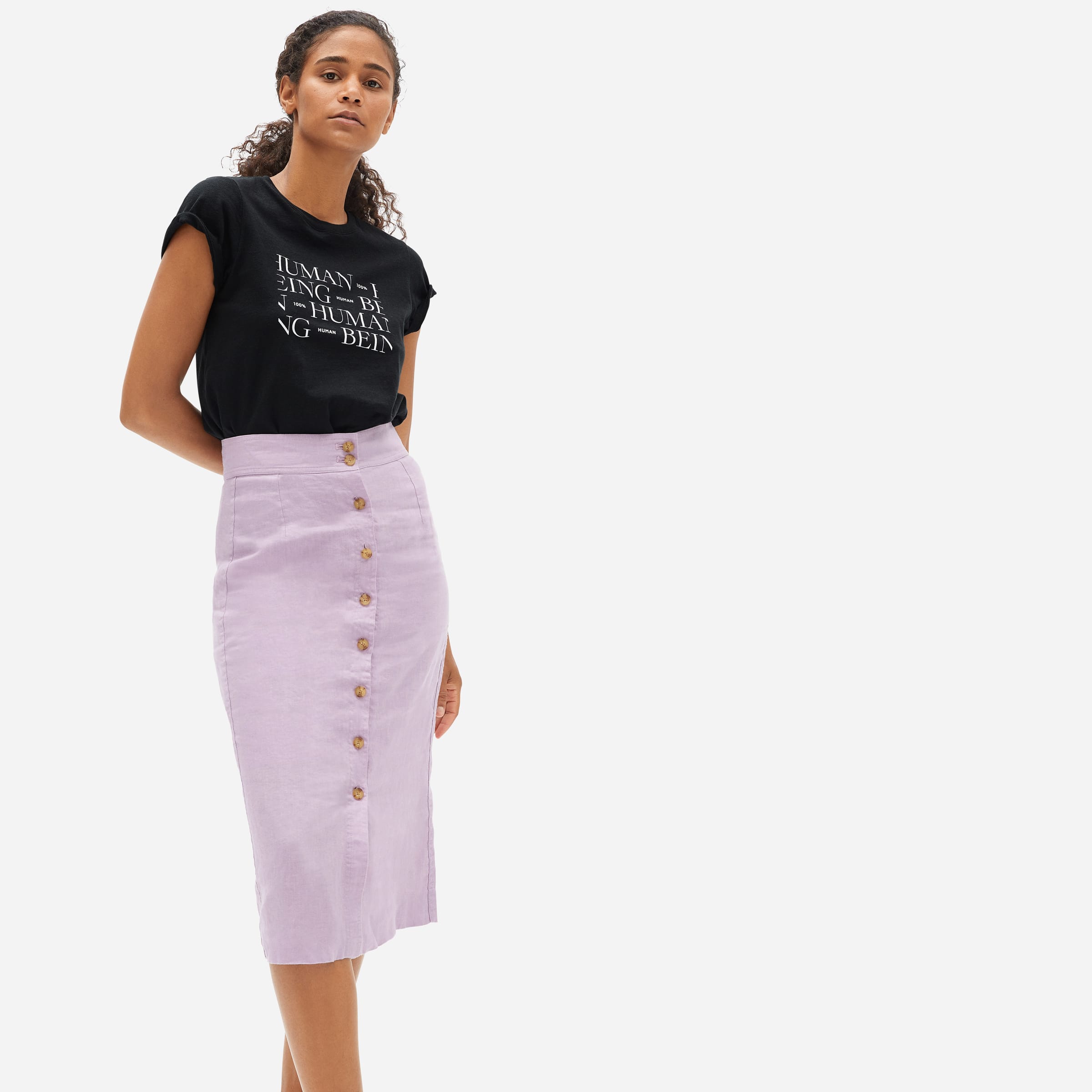 button front linen skirt