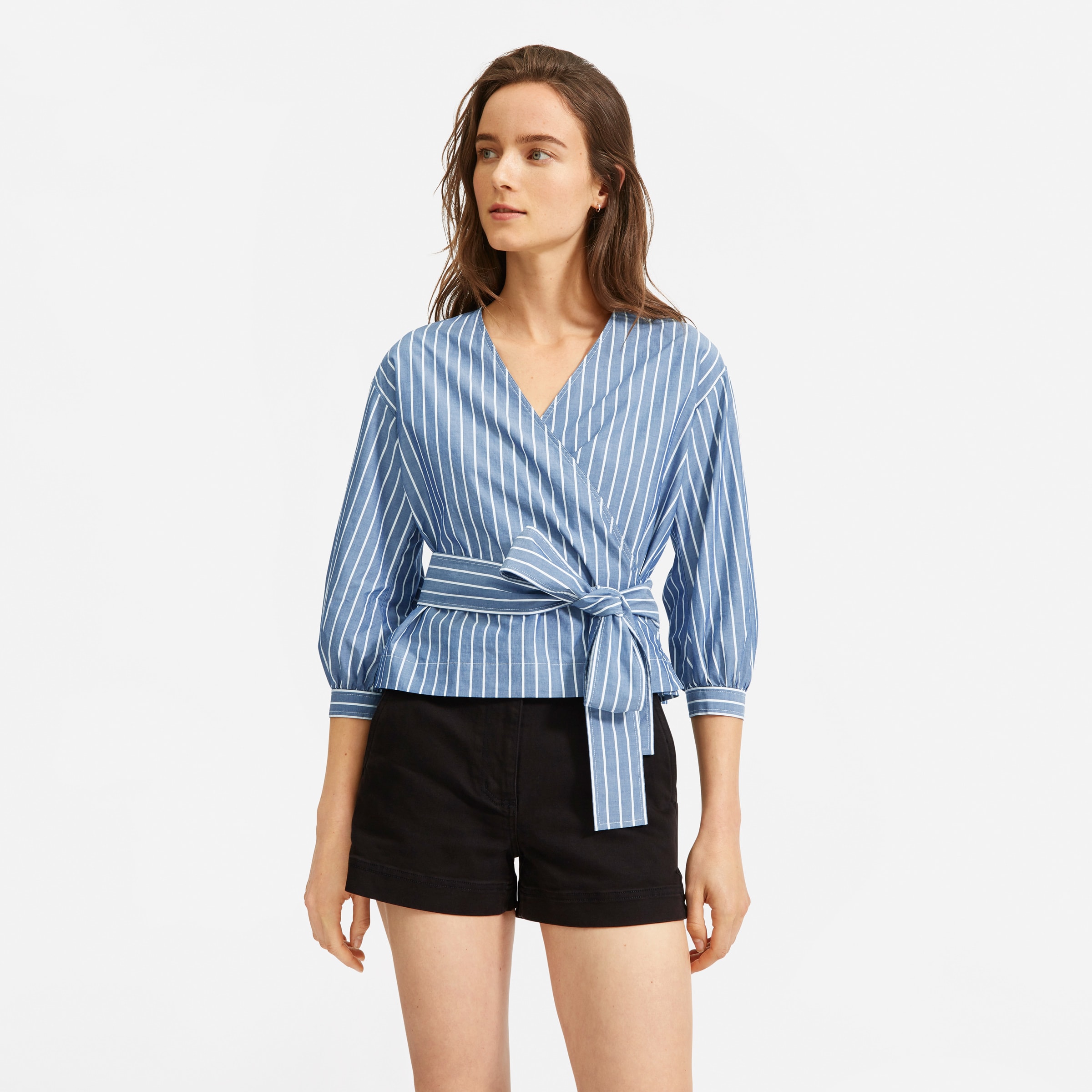 The Poplin Wrap Top Wide Blue / White 