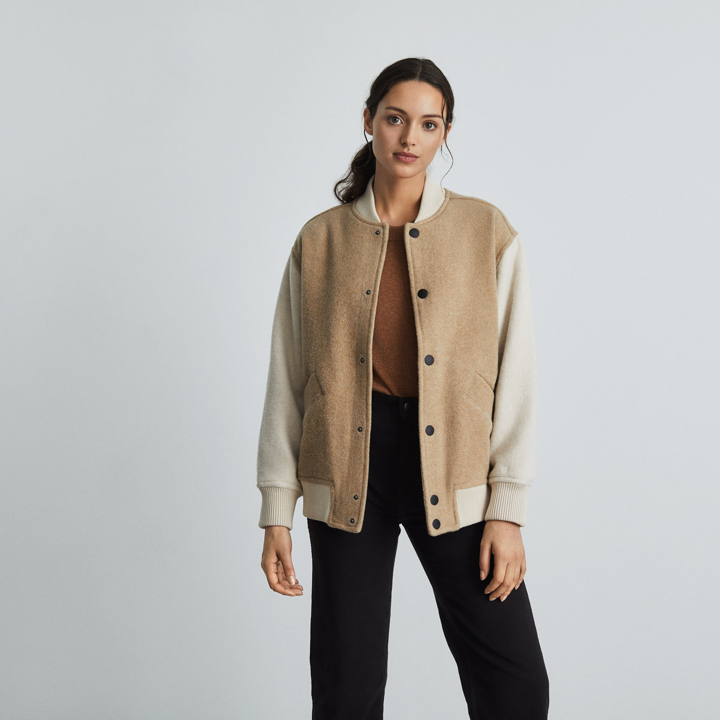 The ReWool Varsity Bomber Light Camel Cream Everlane
