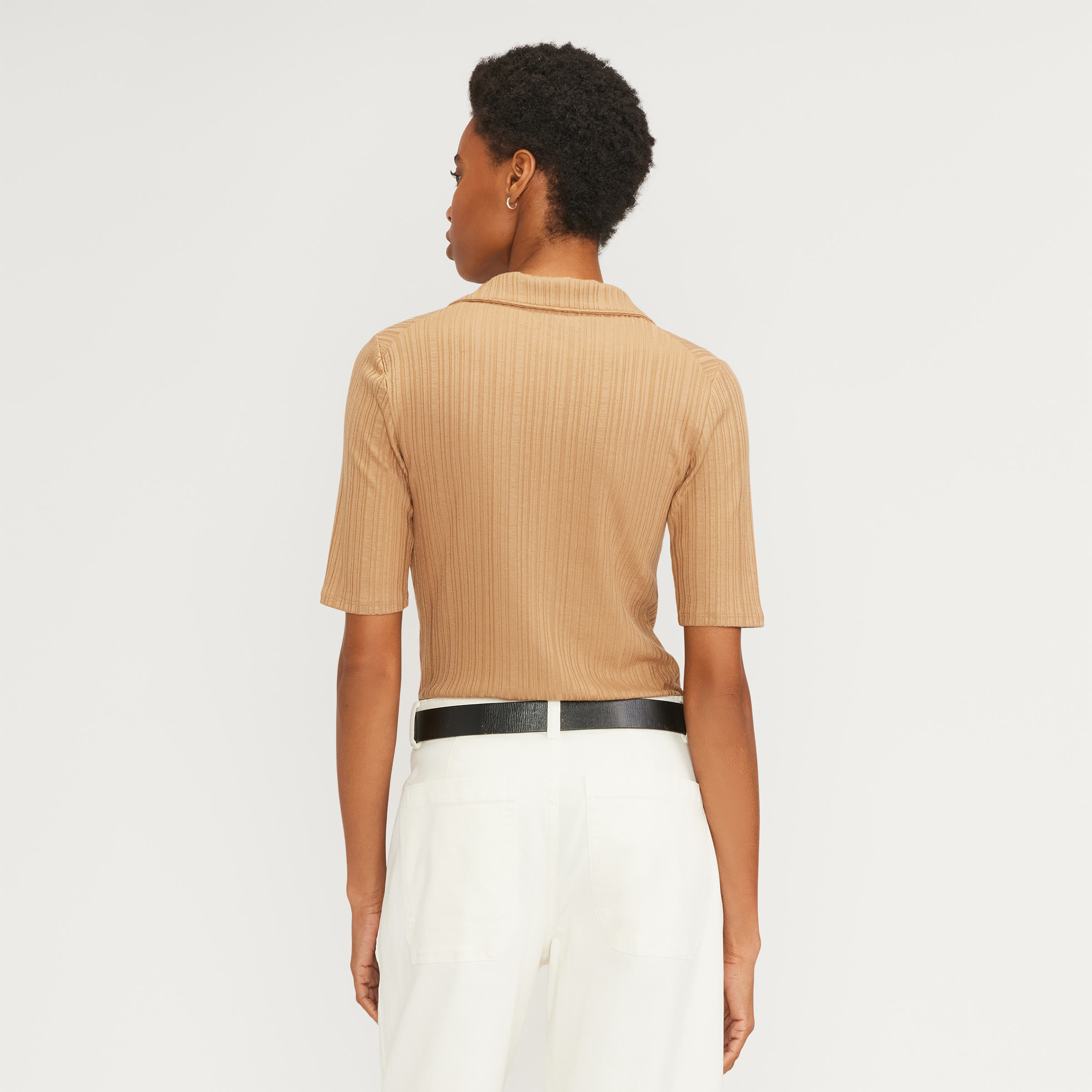 Everlane Women's Rib Soft Knit Open Collar Polo Shirt in Caramel, Size Extra Small