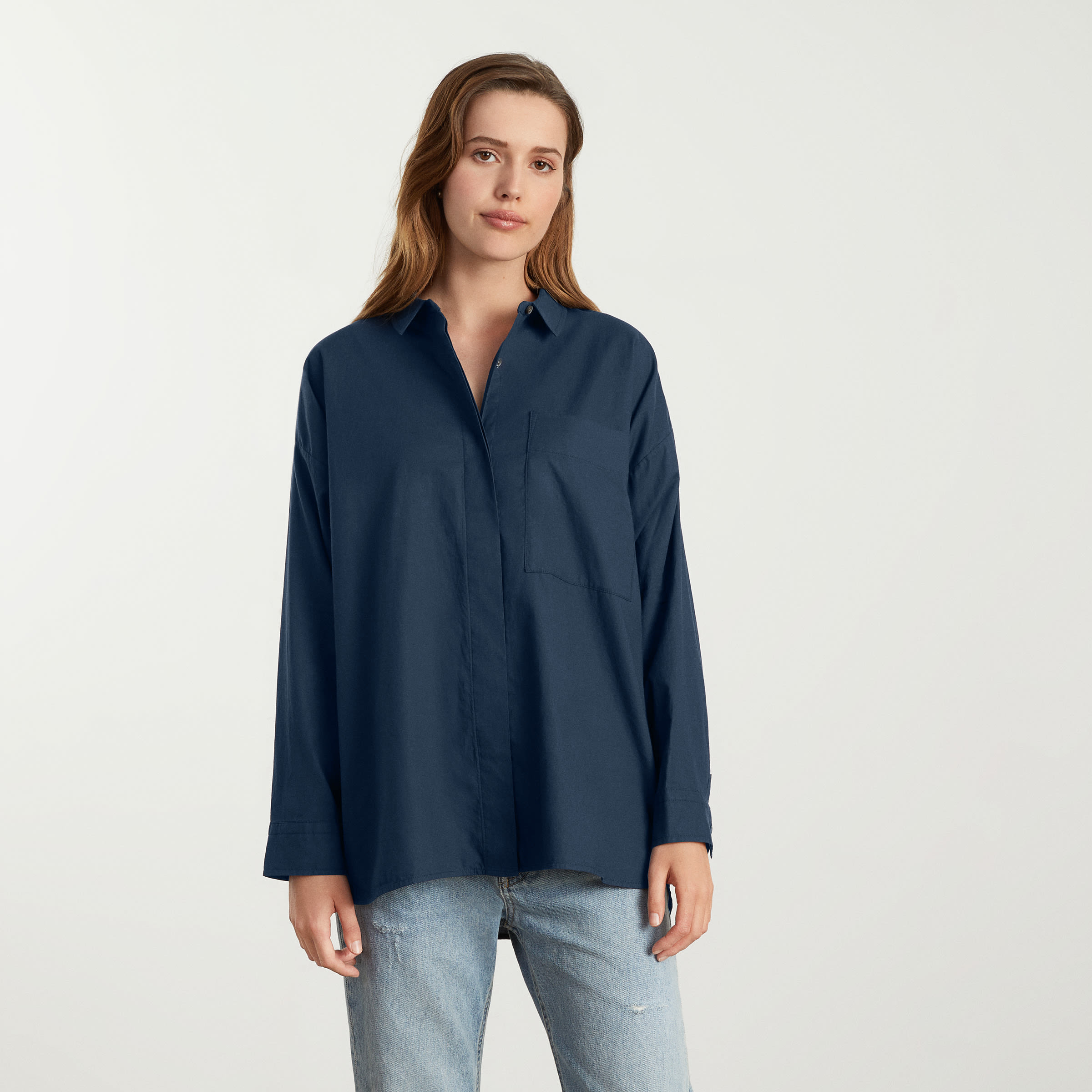 The Oversized Silky Cotton Shirt Navy 