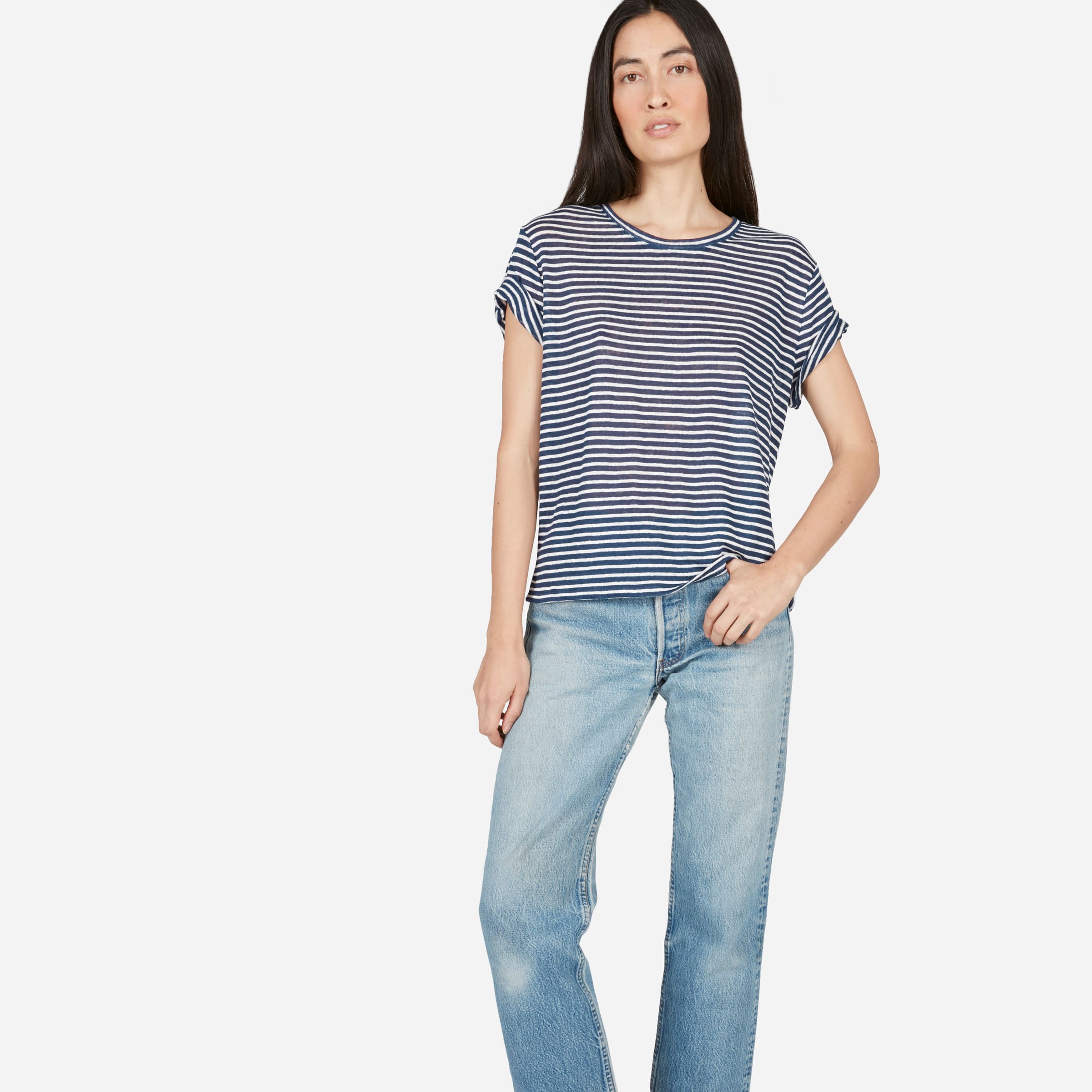 Linen Box-Cut Tee Navy Stripe – Everlane