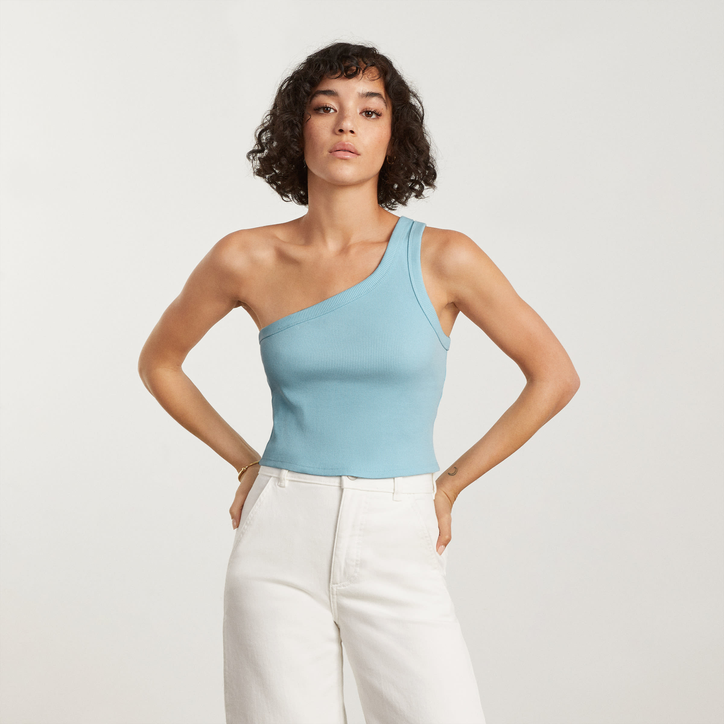 The Ribbed One-Shoulder Tank Ice Blue –