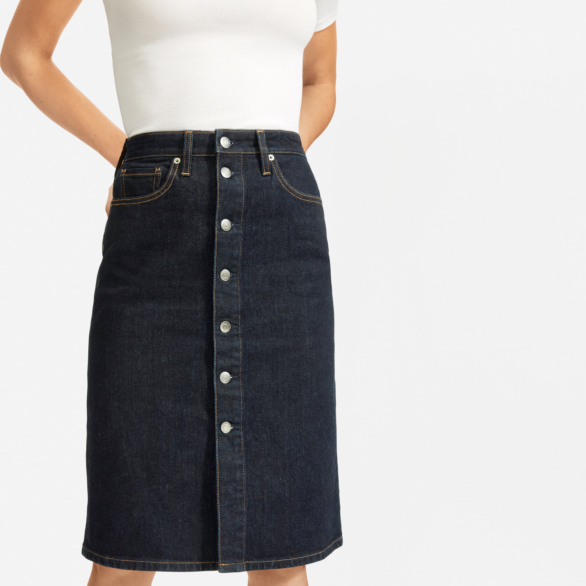denim pencil skirt button front