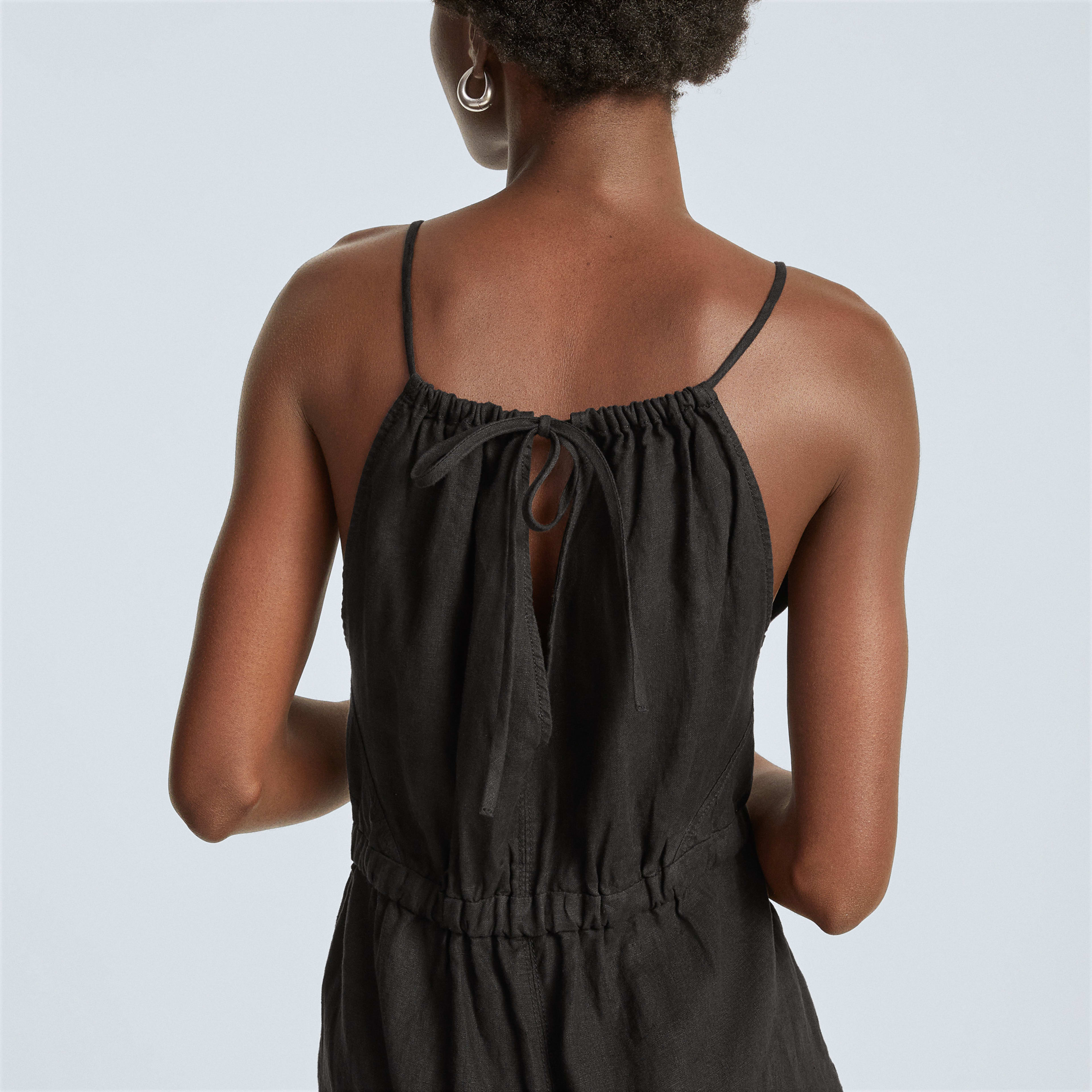 8953 Black Strap Linen Shorts Jumpsuit