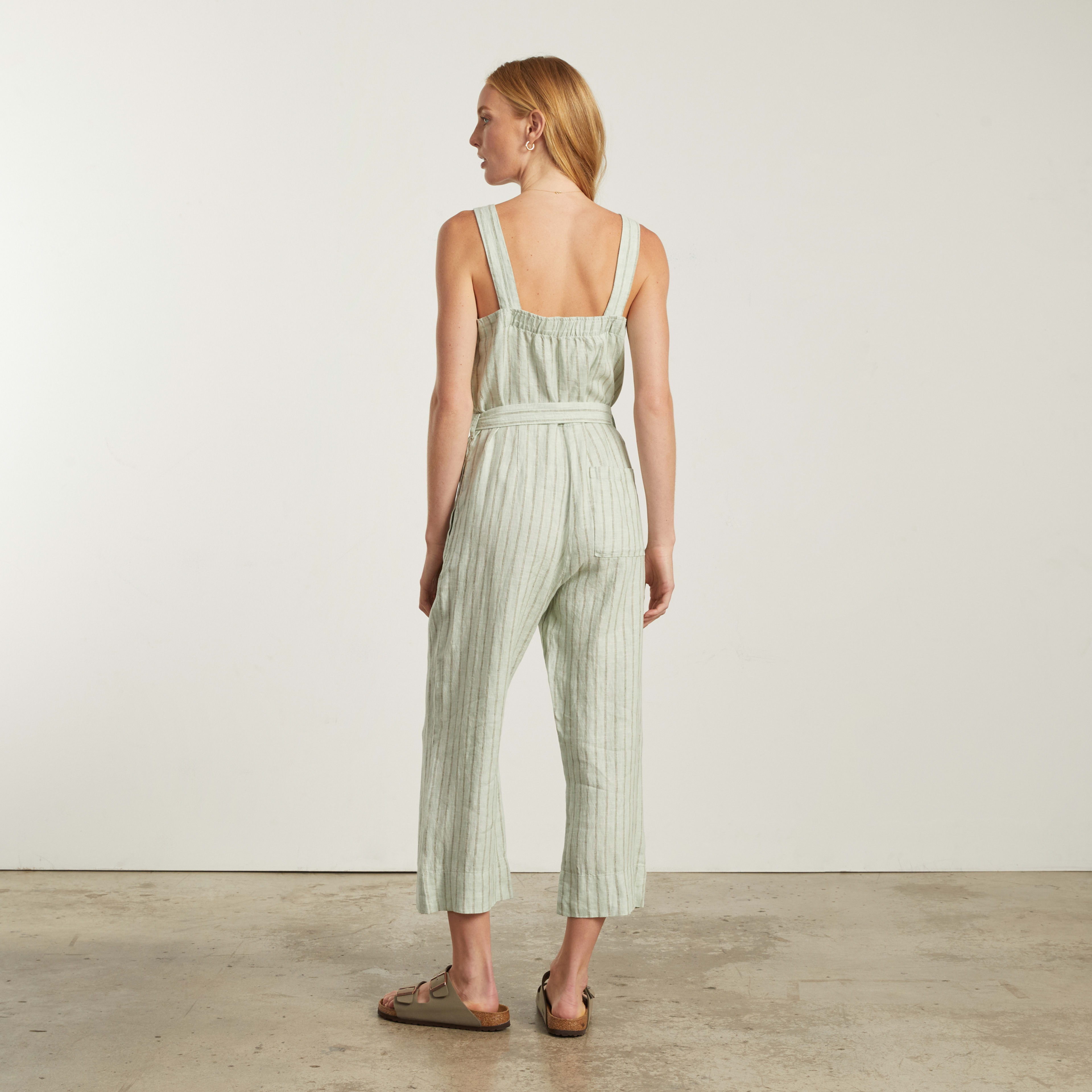 The Linen Picnic Jumpsuit Seafoam Pinstripe Everlane