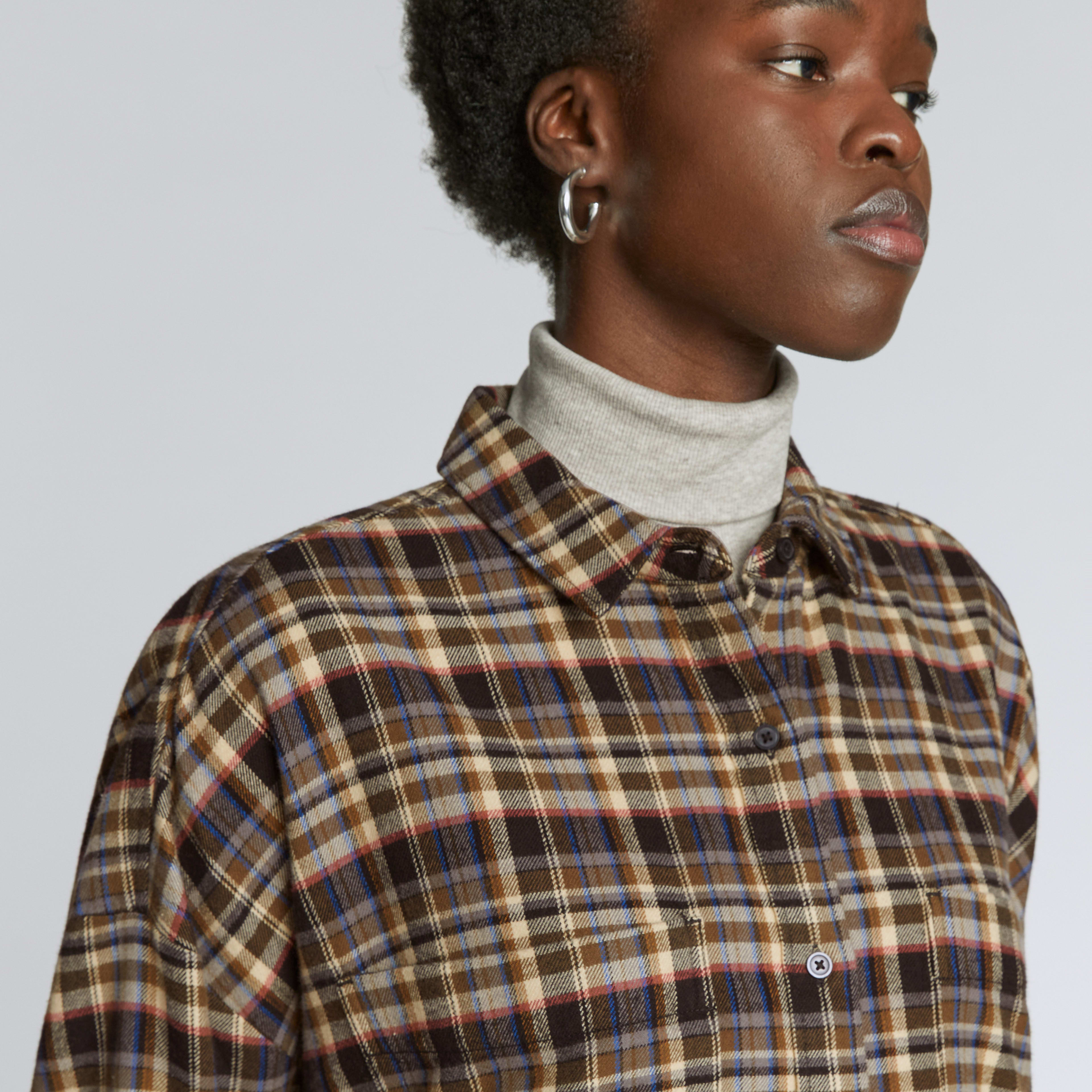 Mixed Plaid Boxy Cut Button Down Flannel With Front Pocket