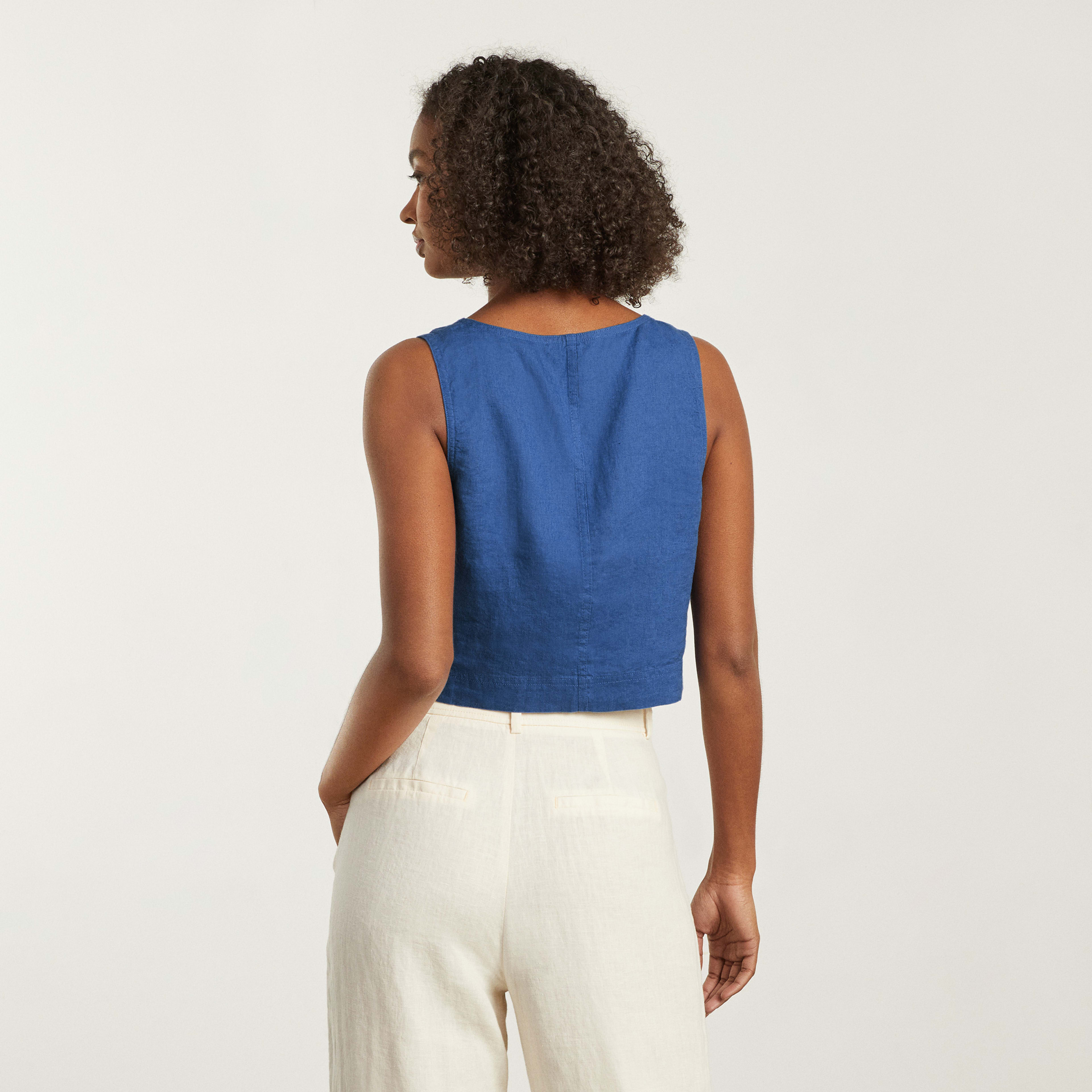 The Linen ButtonFront Crop Tank Deep Blue Everlane