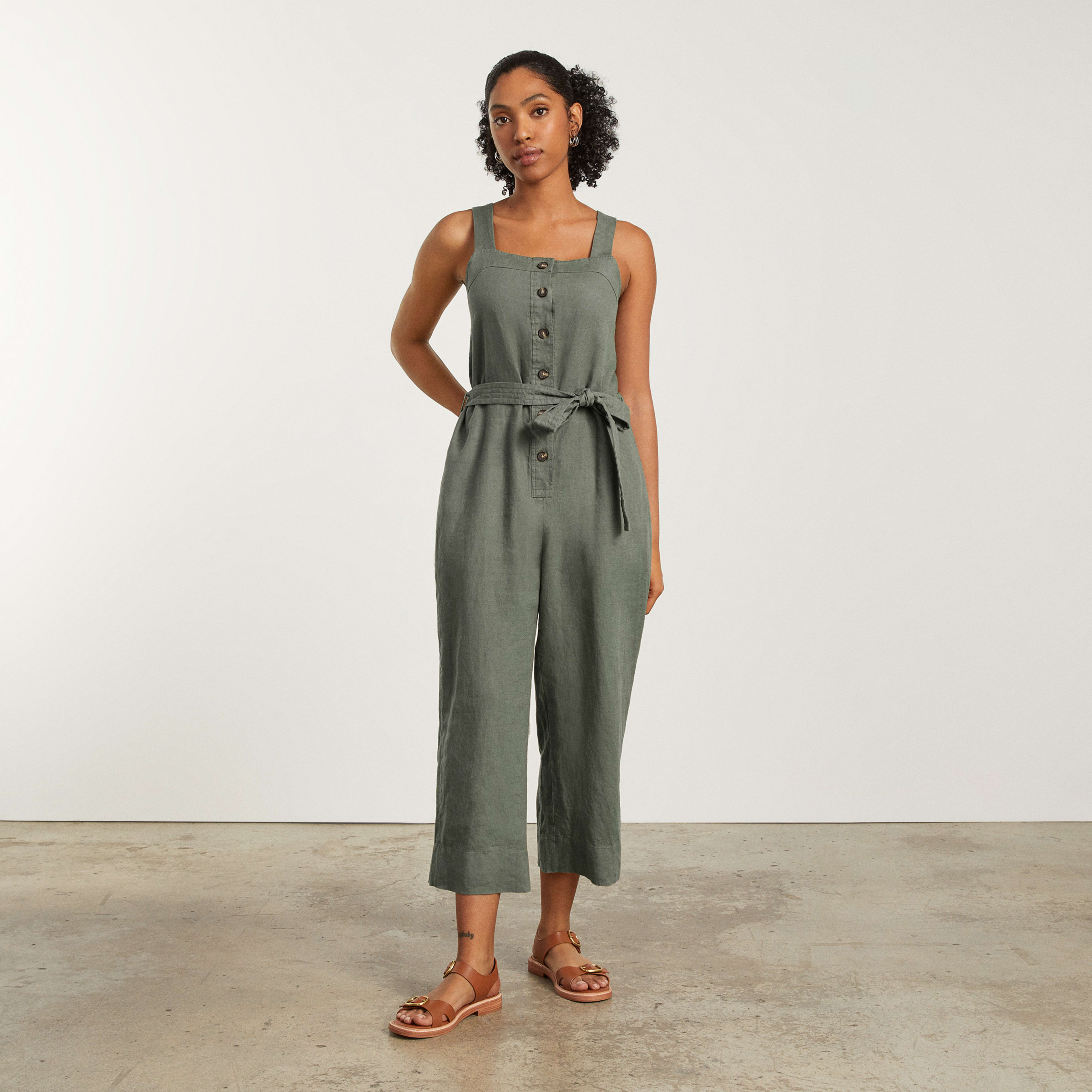 The Linen Picnic Jumpsuit Pewter Green Everlane