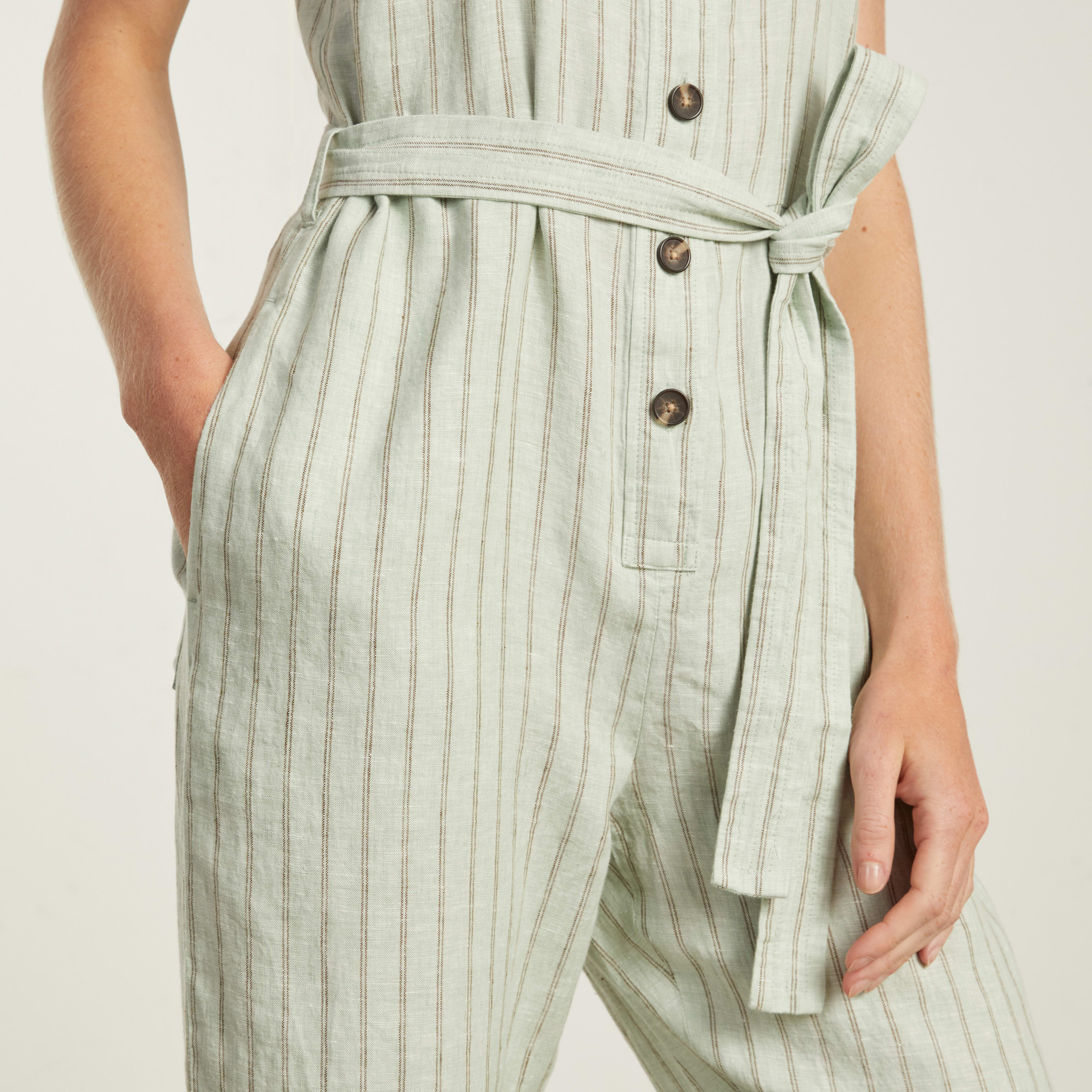 The Linen Picnic Jumpsuit Seafoam Pinstripe Everlane