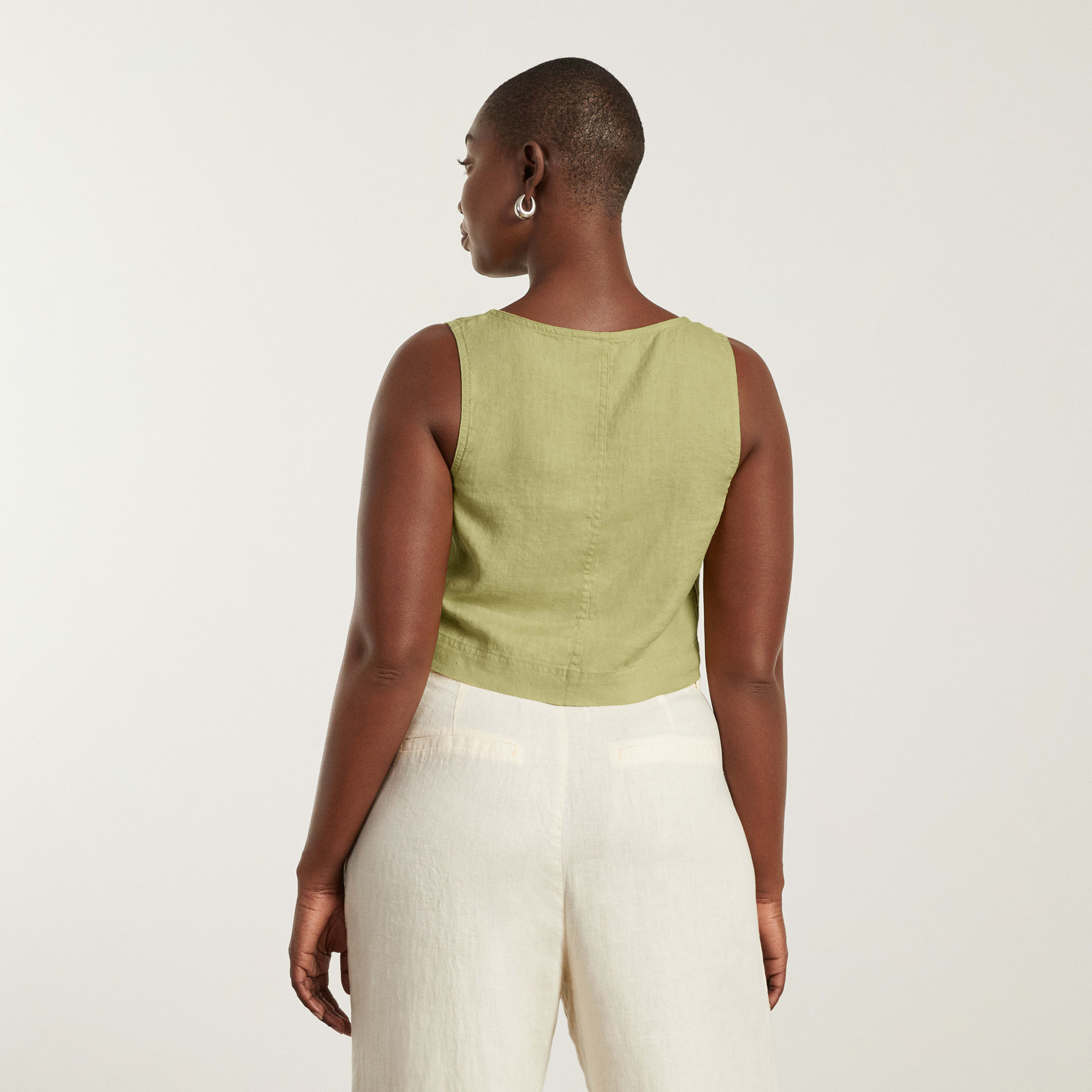 The Linen ButtonFront Crop Tank Leek Everlane