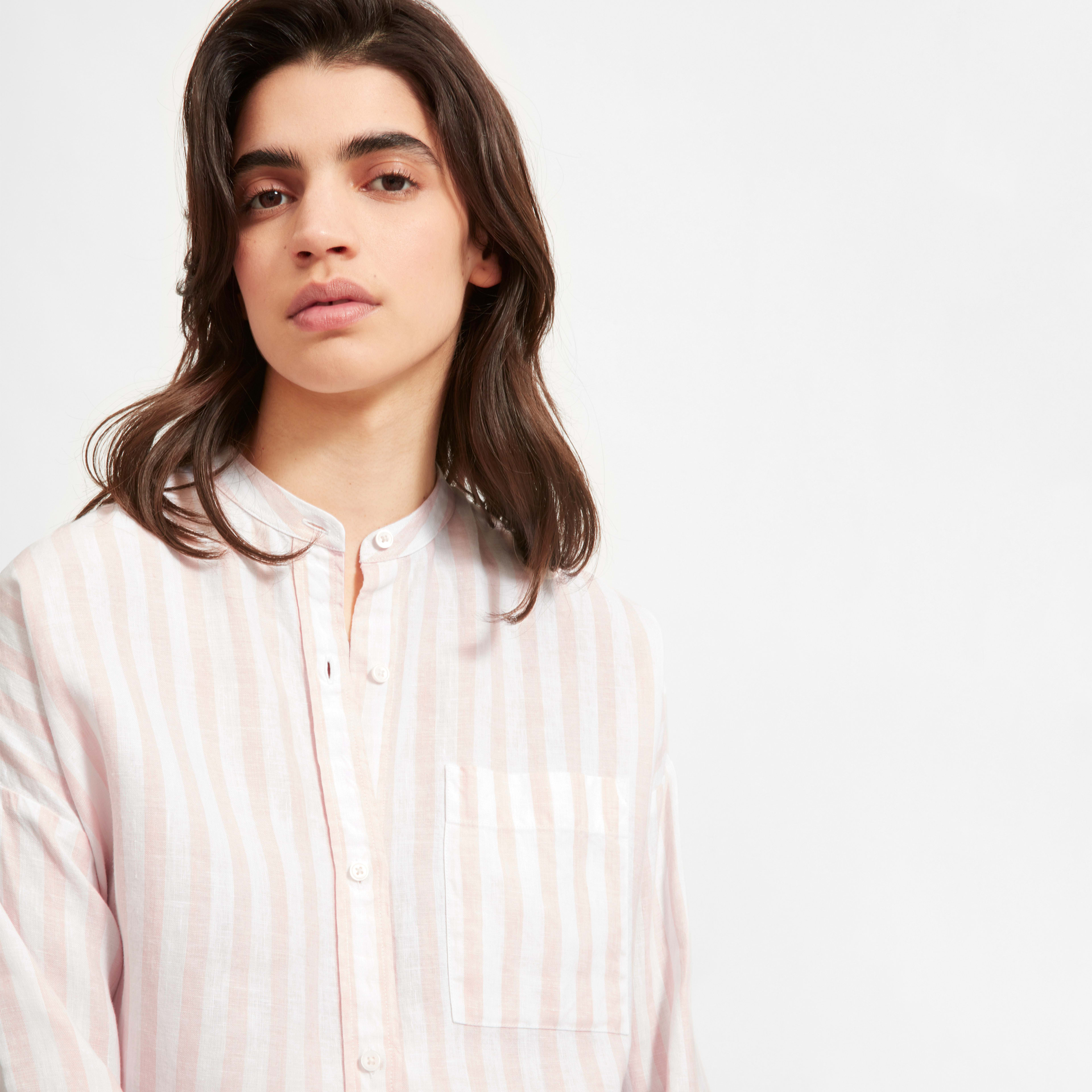 The Linen Oversized Collarless Shirt Light Peach / White Everlane