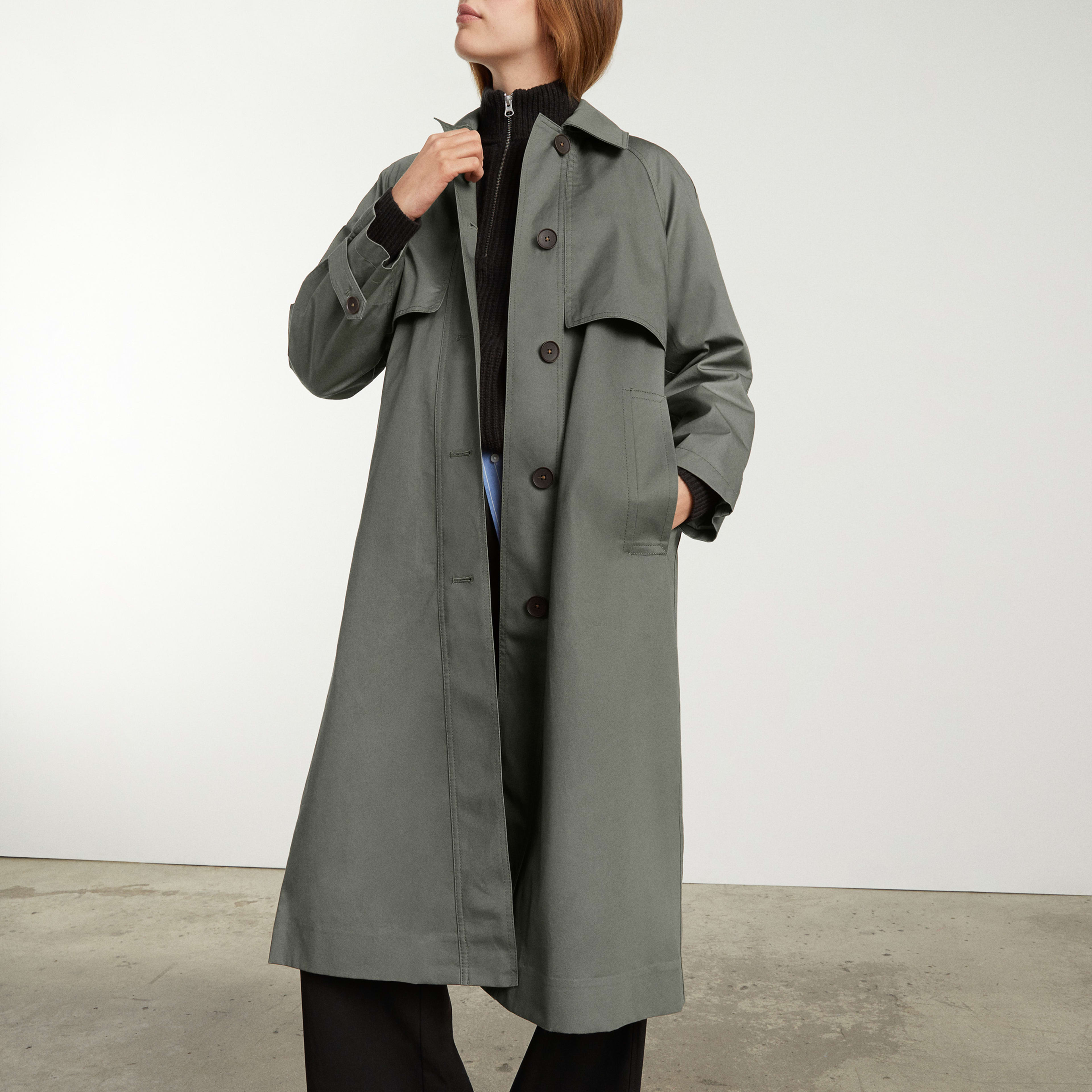 The Long Mac Coat Pewter Green Everlane