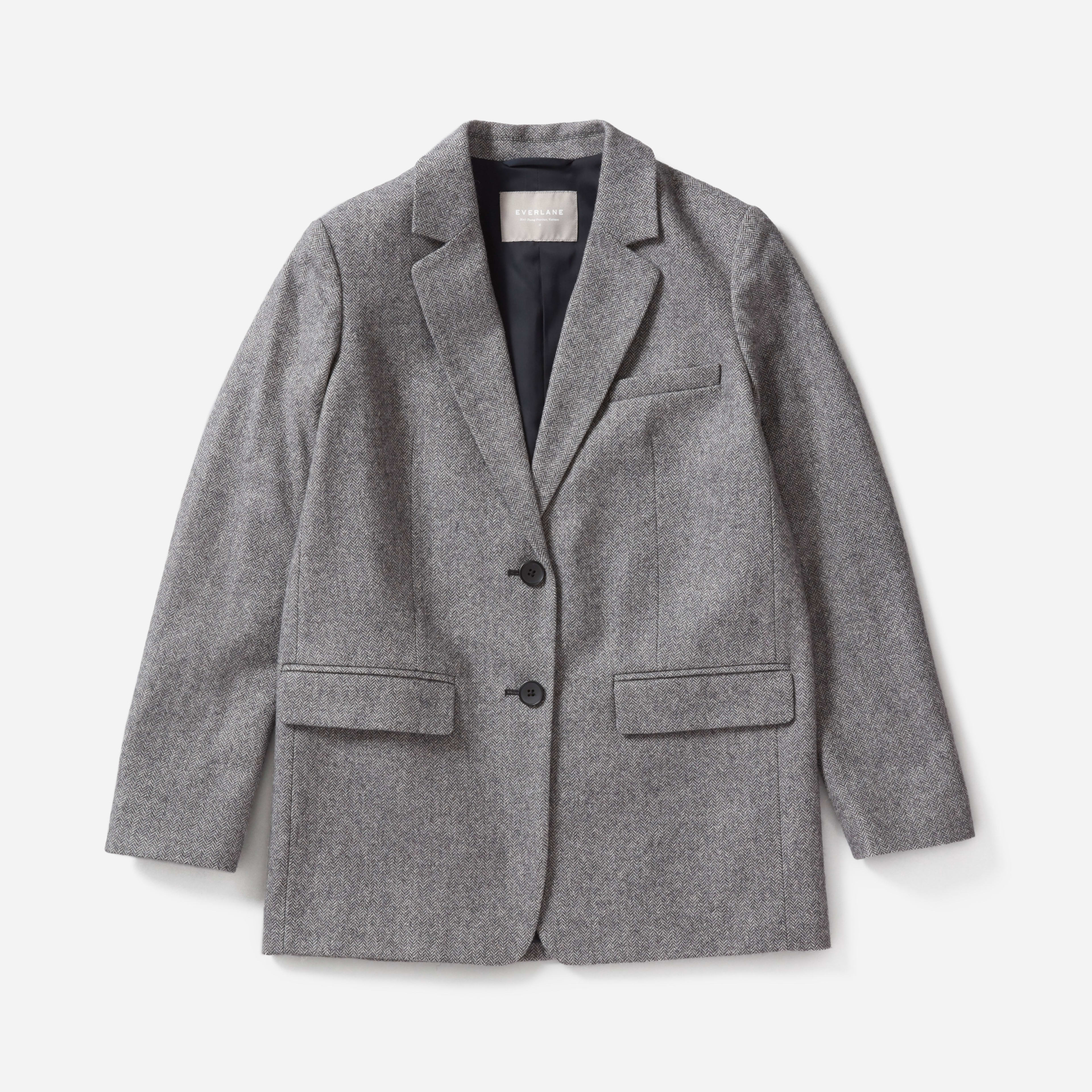 Grey Oversized Fishbone Wool Blazer