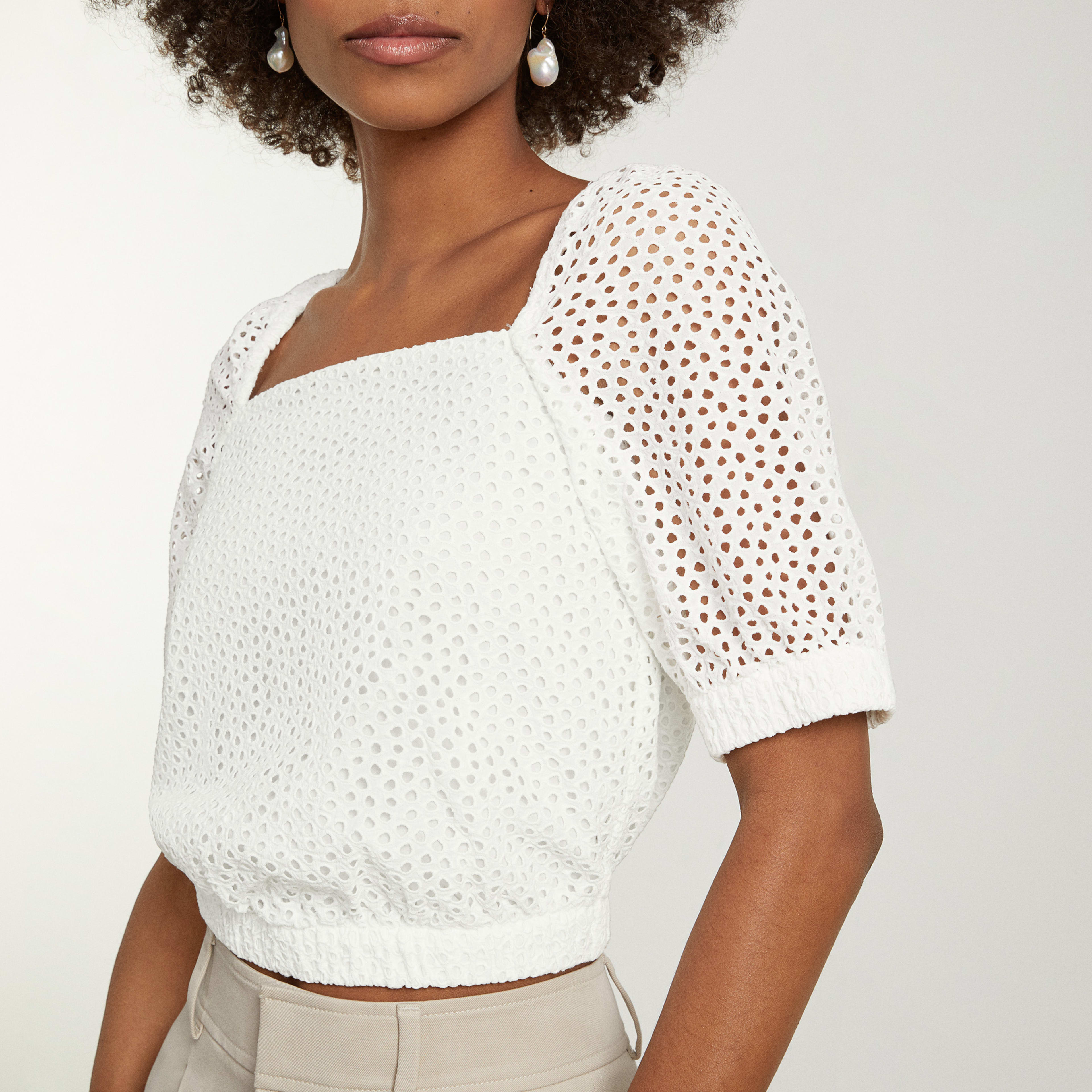 Eyelet Detail Puff Sleeve V-Neck Top main image 0