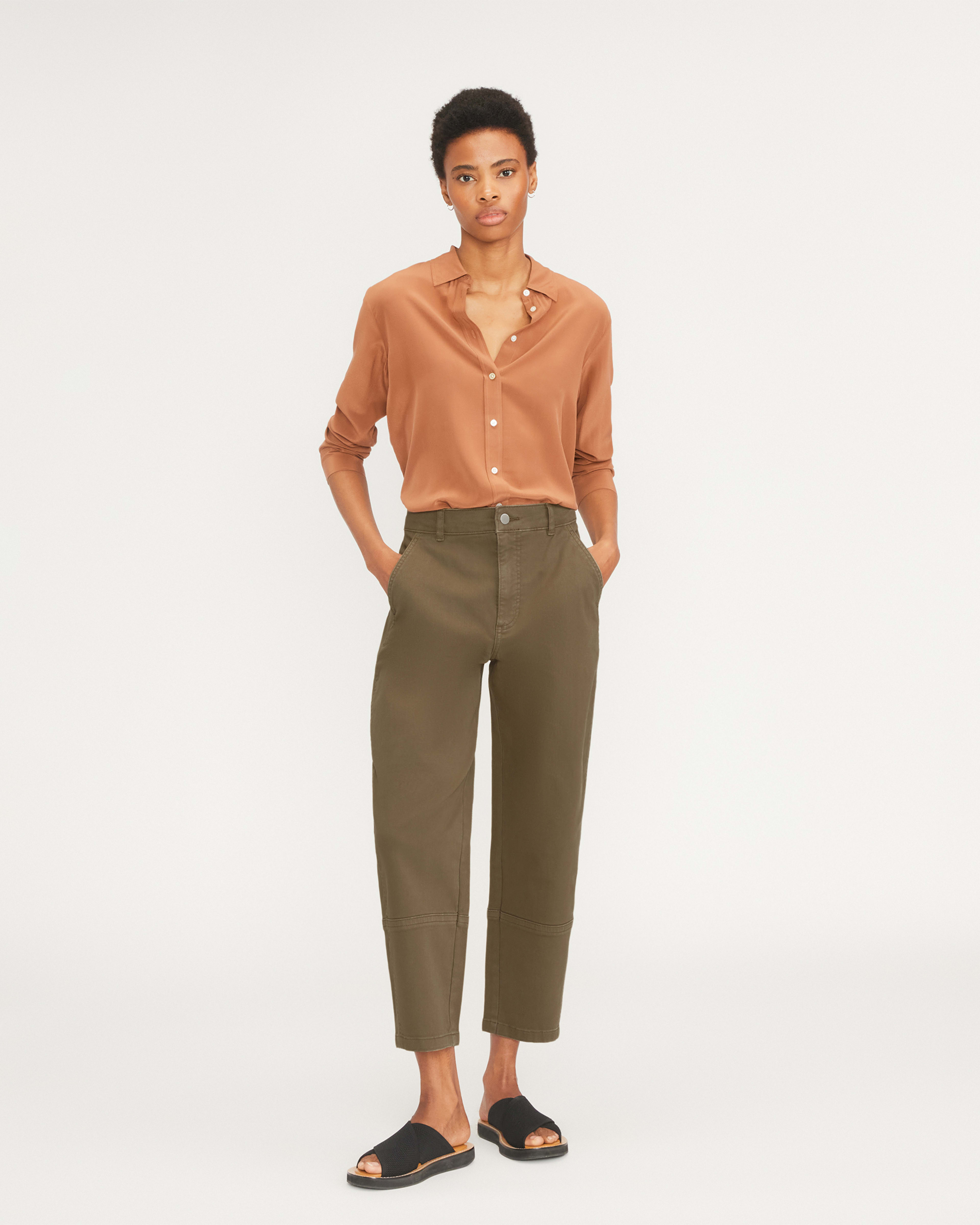 Mom Loose Fit Twill Pants - Dark khaki green - Ladies