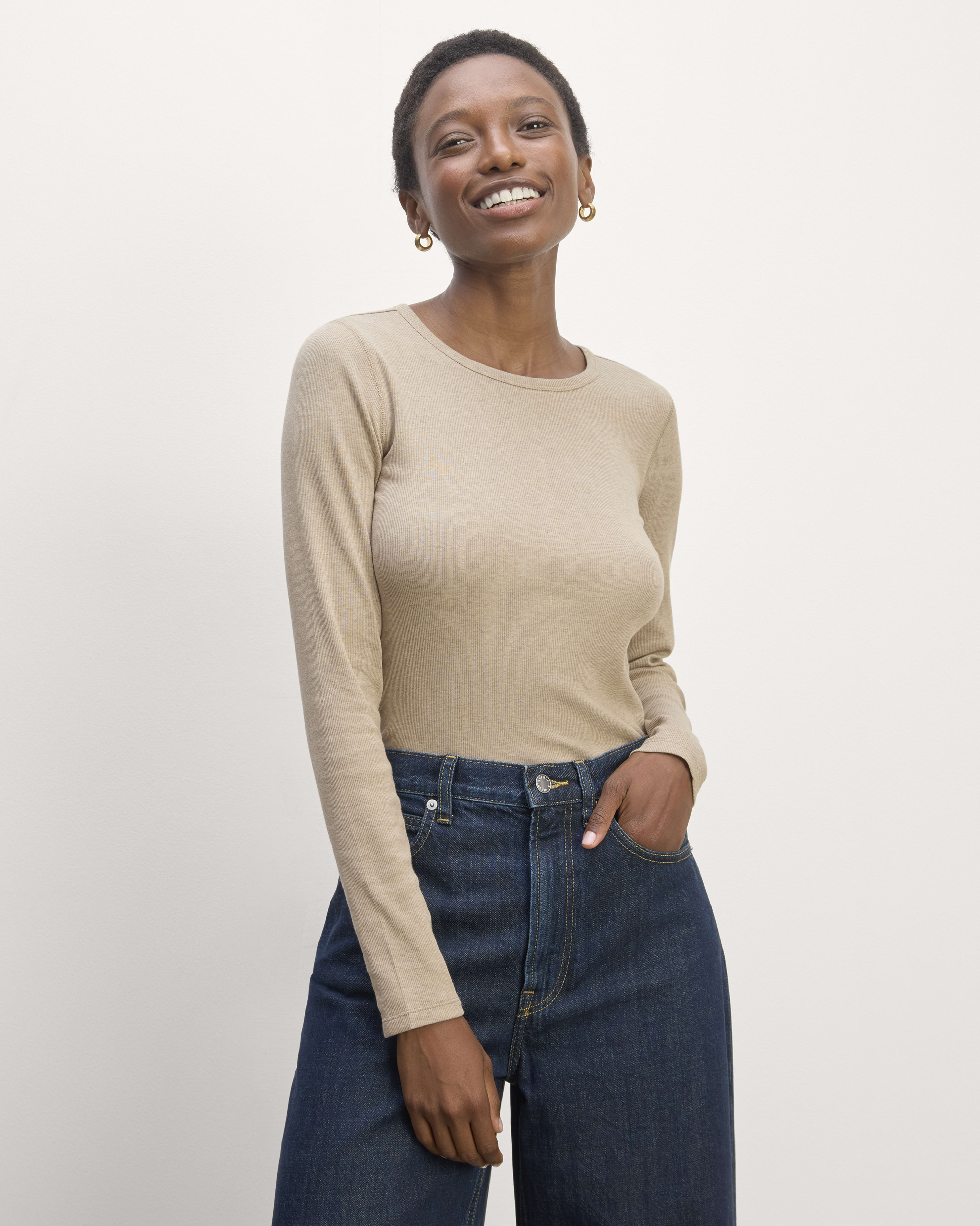 The Luxe Rib Long-Sleeve Crew Heathered Tan – Everlane