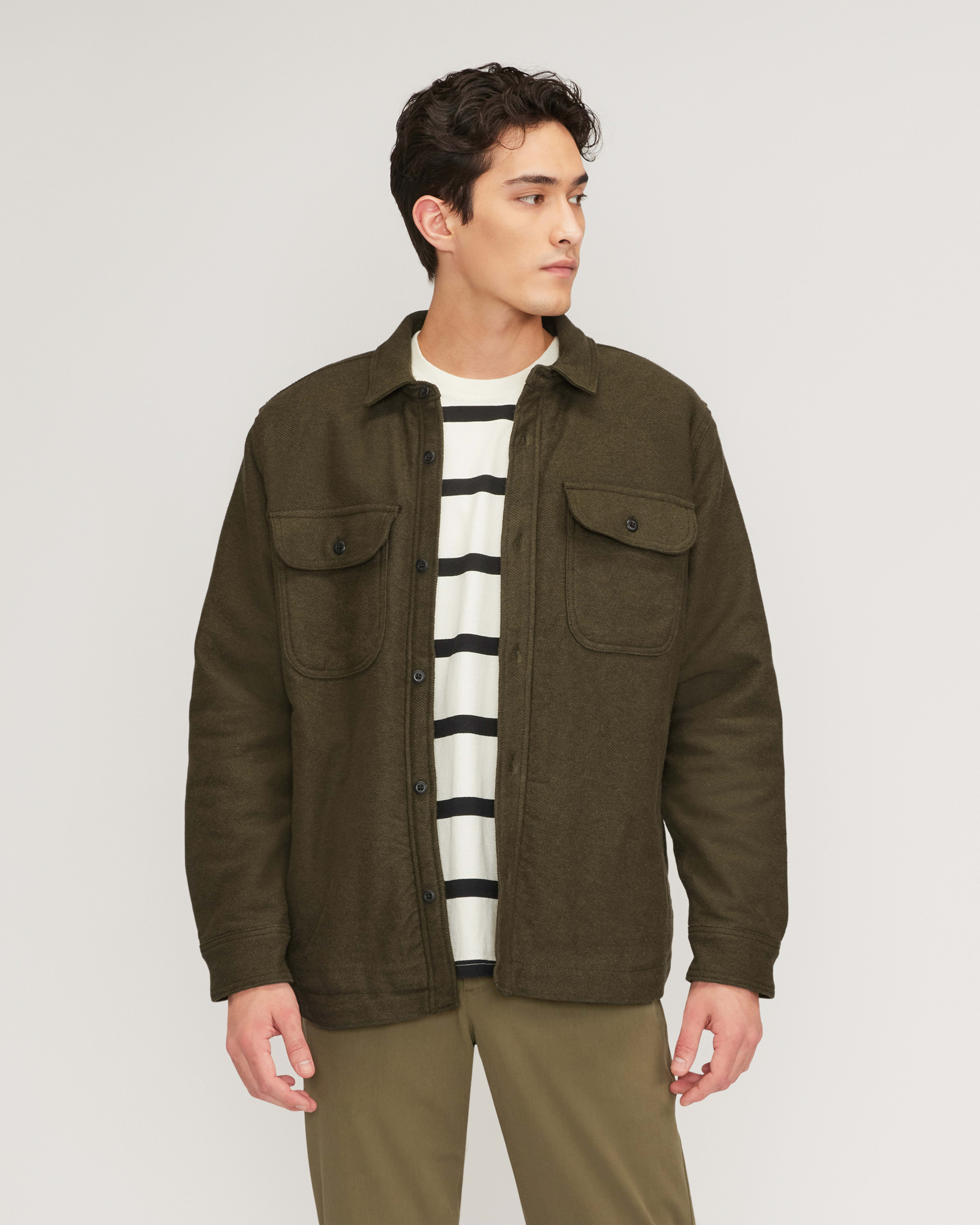 The ReNew Fleece-Lined Heavyweight Overshirt Heathered Green – Everlane