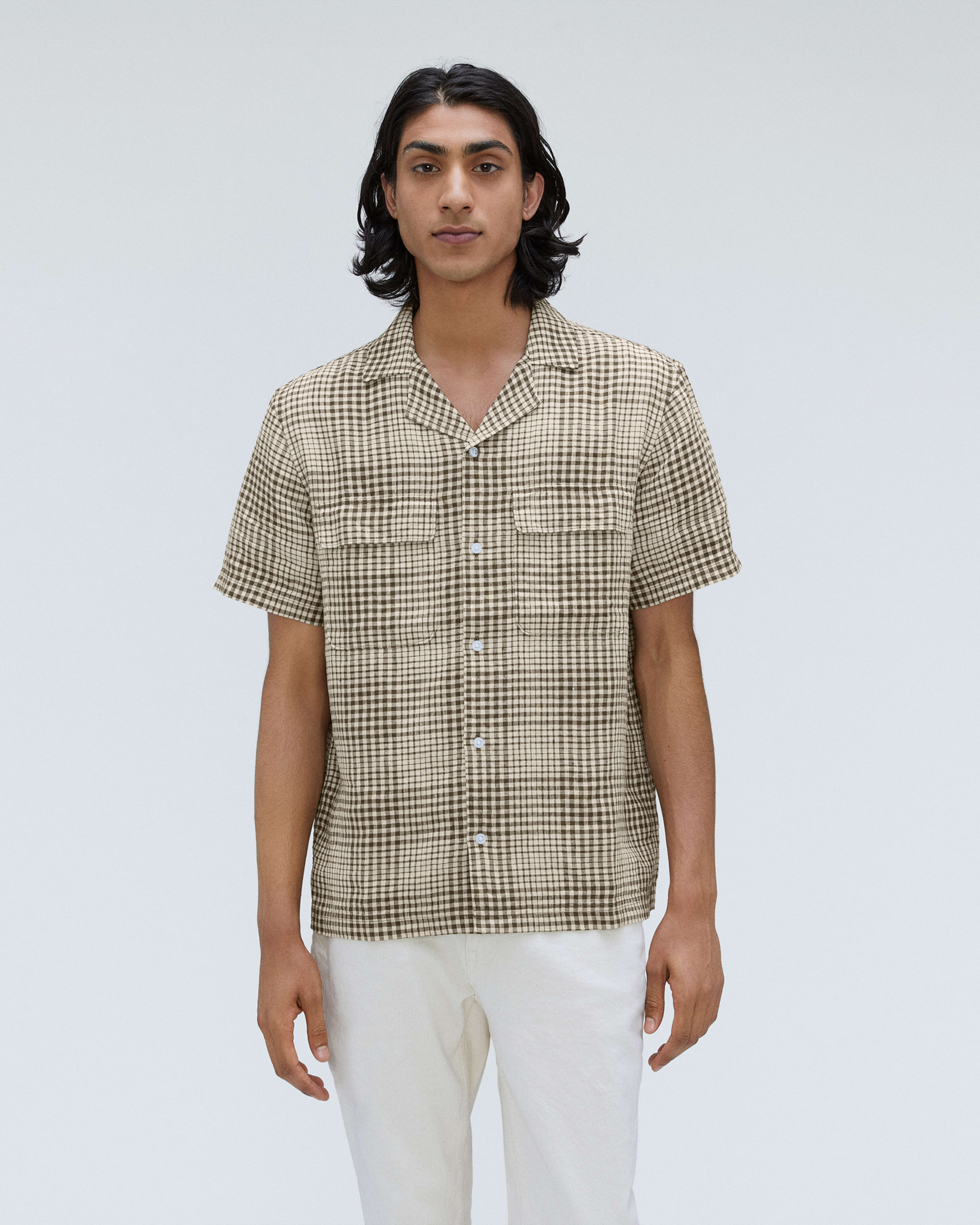 The Relaxed Linen Short-Sleeve Shirt Beech / Parchment Grid – Everlane
