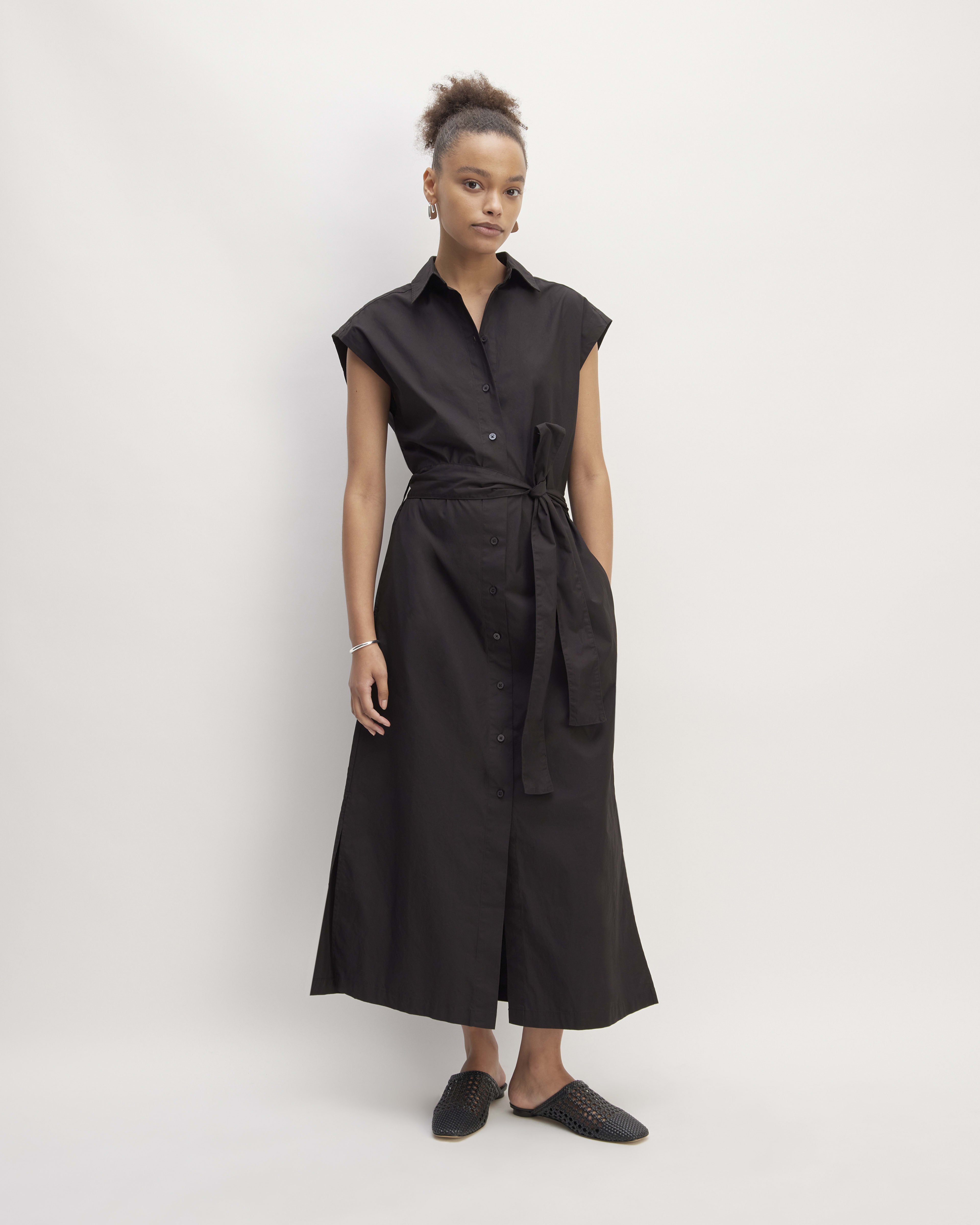 The Hammered Satin Shirt Dress Black Bone Polka Dot Everlane