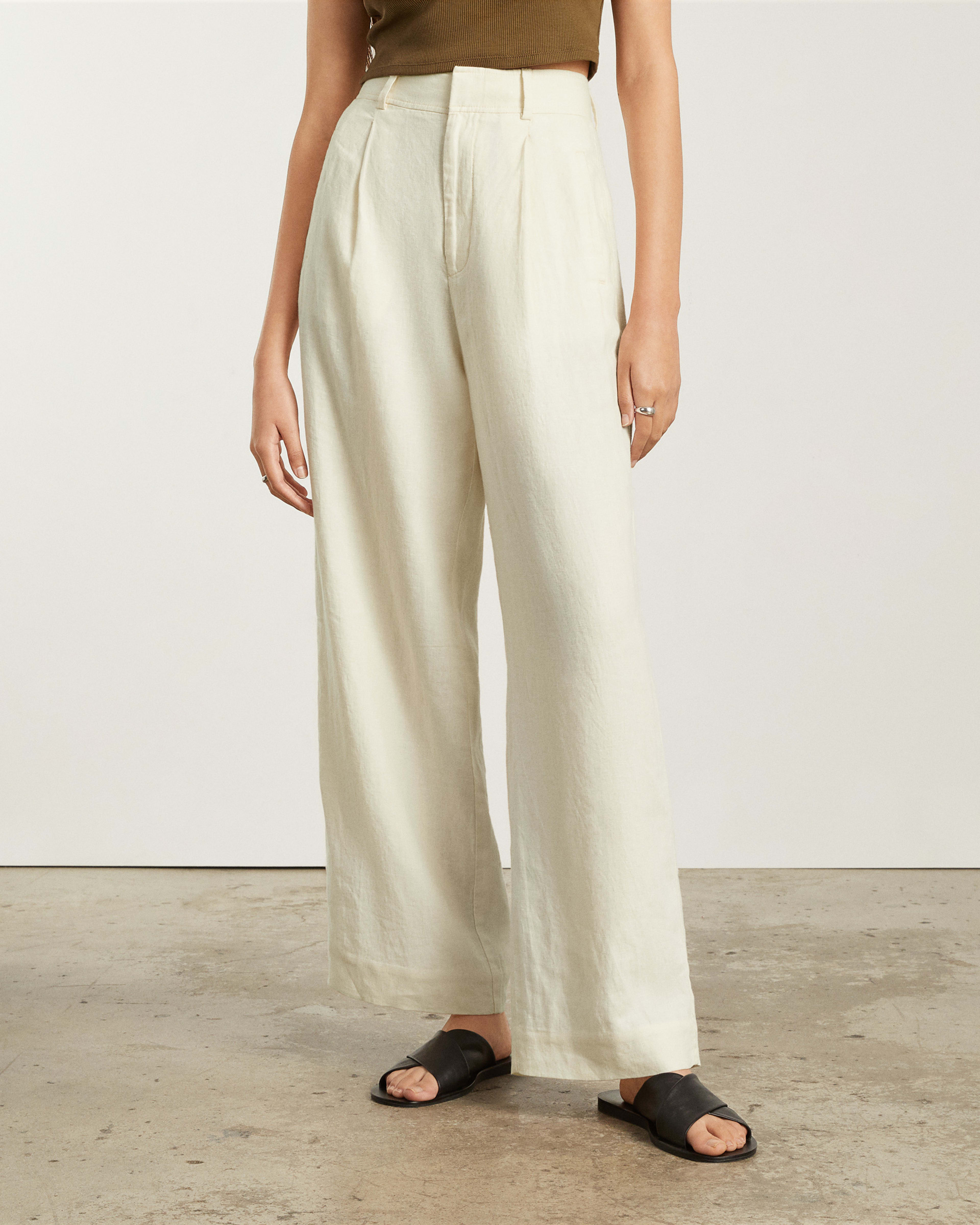 Women's High Rise Wide Leg Linen Pleated Pants